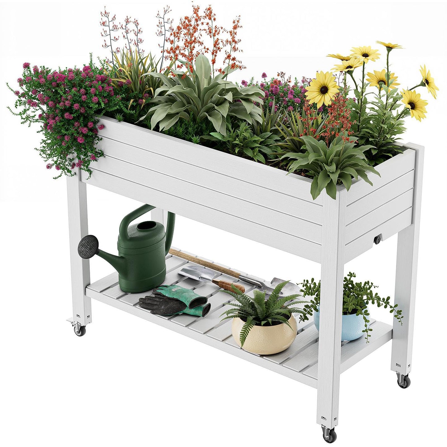 GYMHILL Elevated Raised Garden Bed with Wheels,Outdoor Large Resin Patio Planter Box Stand Divisible with Drain Plug,Water Monitor for Plants Vegetables Flowers Fruits(Ashen)