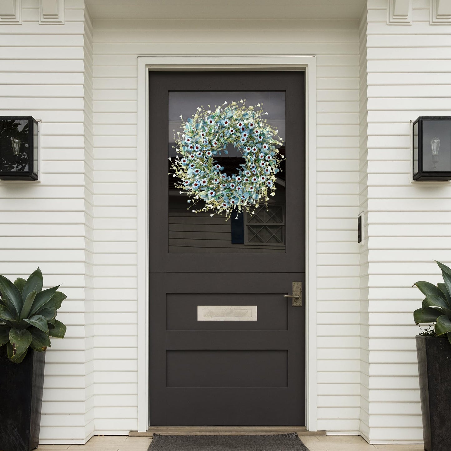 Sggvecsy Blue Daisy Wreath 24 Inch Spring Summer Fake Silk Floral Wreath with Green Eucalyptus Leaves and Lavender for Front Door Window Wall Wedding Farmhouse Festival Decor
