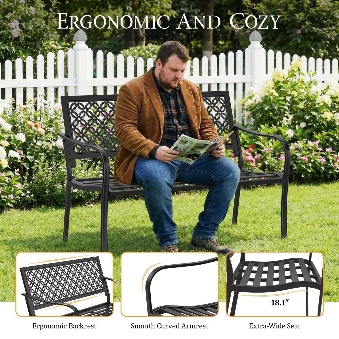 50" Outdoor Bench Weatherproof, 700 lbs Capacity Heavy Duty Garden Benches with Galvanized Metal Frame, Patio Bench with Floral Backrest, Patio Furniture for Porch, Park, Yard, Entryway, Black