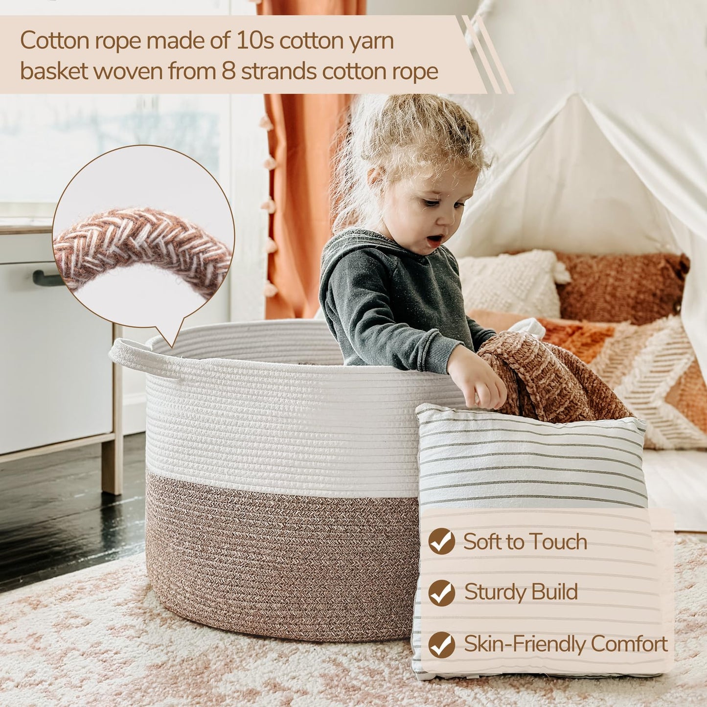 INDRESSME XXXLarge Blanket Basket for Living Room 21.7" x 21.7" x 13.8"-Storage Basket with Handle for Organizing Toy Pillows Woven Cotton Rope Laundry Basket Stuffed Animal Toy Storage for Play Room