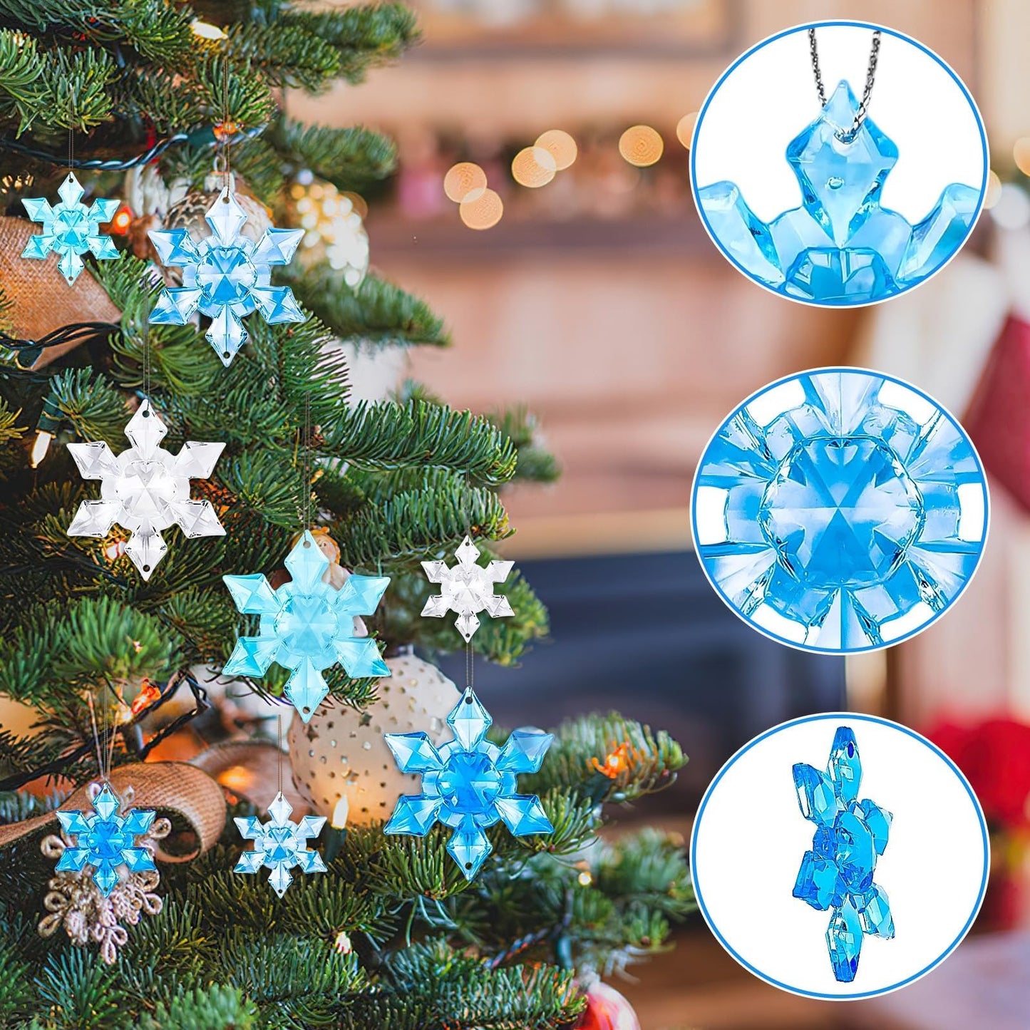 BOARDFEB 60Pcs Christmas Acrylic Snowflake Ornaments, Winter 3D Translucent Hanging Ornaments for Xmas Tree Crystal Snowflake Pendants with Rope for Holiday Party DIY Decor (Blue 43mm/63mm)