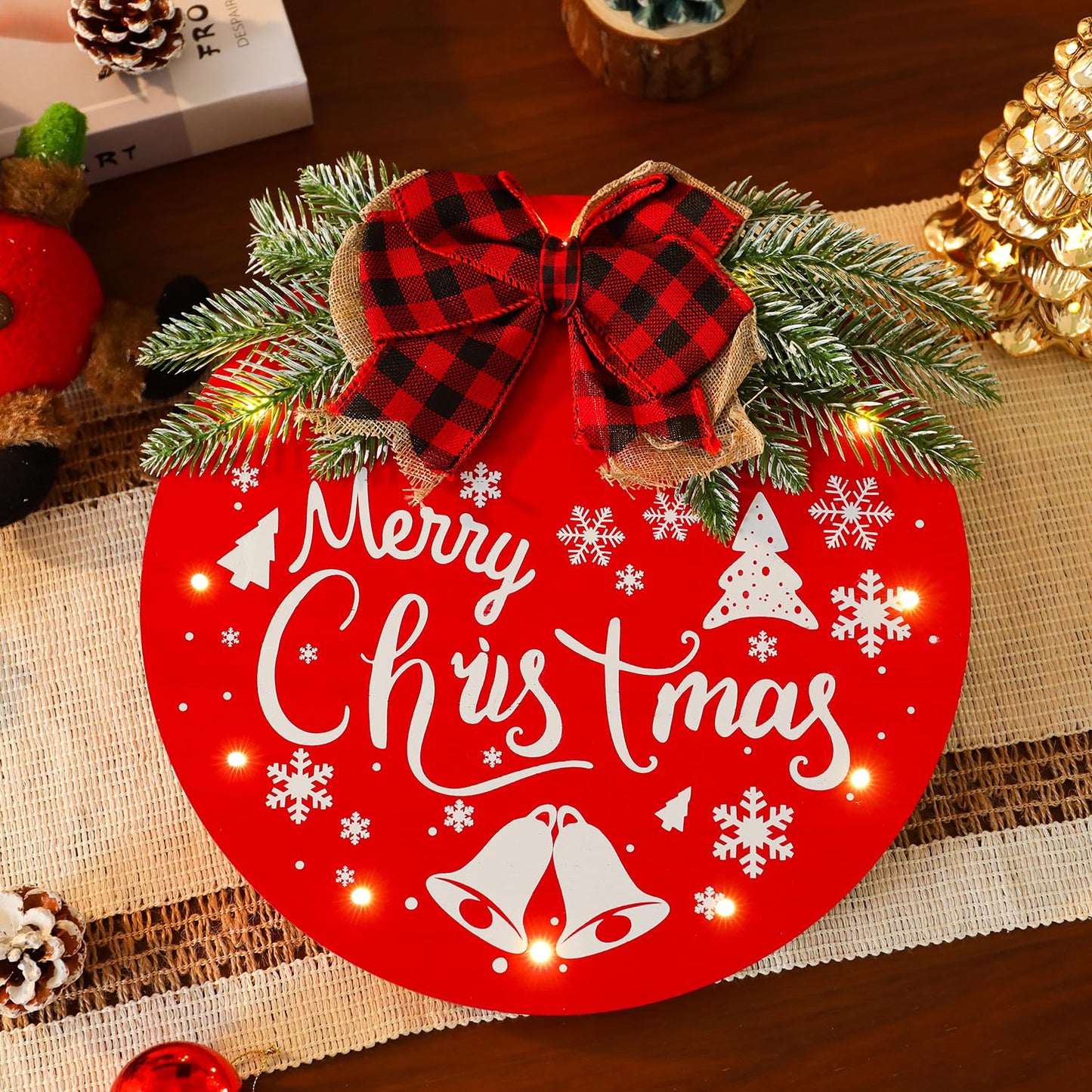 HOMCDALY Merry Christmas Welcome Sign for Front Door, Red X-mas Sign with Light, Holiday Door Decoration Wooden Hanging Sign, Christmas Decoration, Wall Art, Wall Decor(Red)