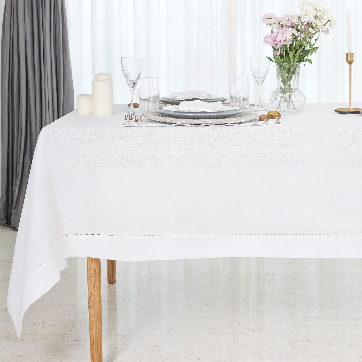 D'Moksha Homes White Linen Tablecloth 60 x 120 Inch - 100% Pure Linen Hemstitch Tablecloth for Rectangle Tables - Classic Hemstitch, Machine Washable Table Cloth for Mothers Day, Spring