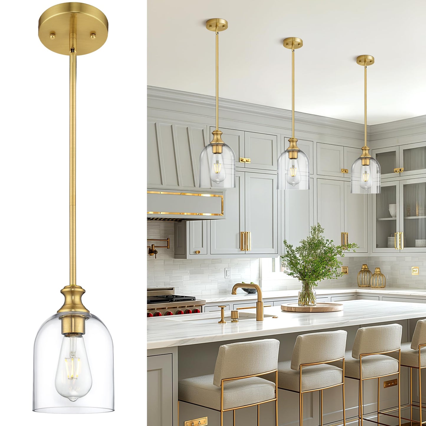 Autelo Gold Pendant Lights, 1-Light Pendant Lights Kitchen Island in Brushed Gold Finish with Clear Cylinder Glass, Vintage Pendant Light Fixtures, Vintage Hanging Lights for Kitchen Island H2511 CLBG