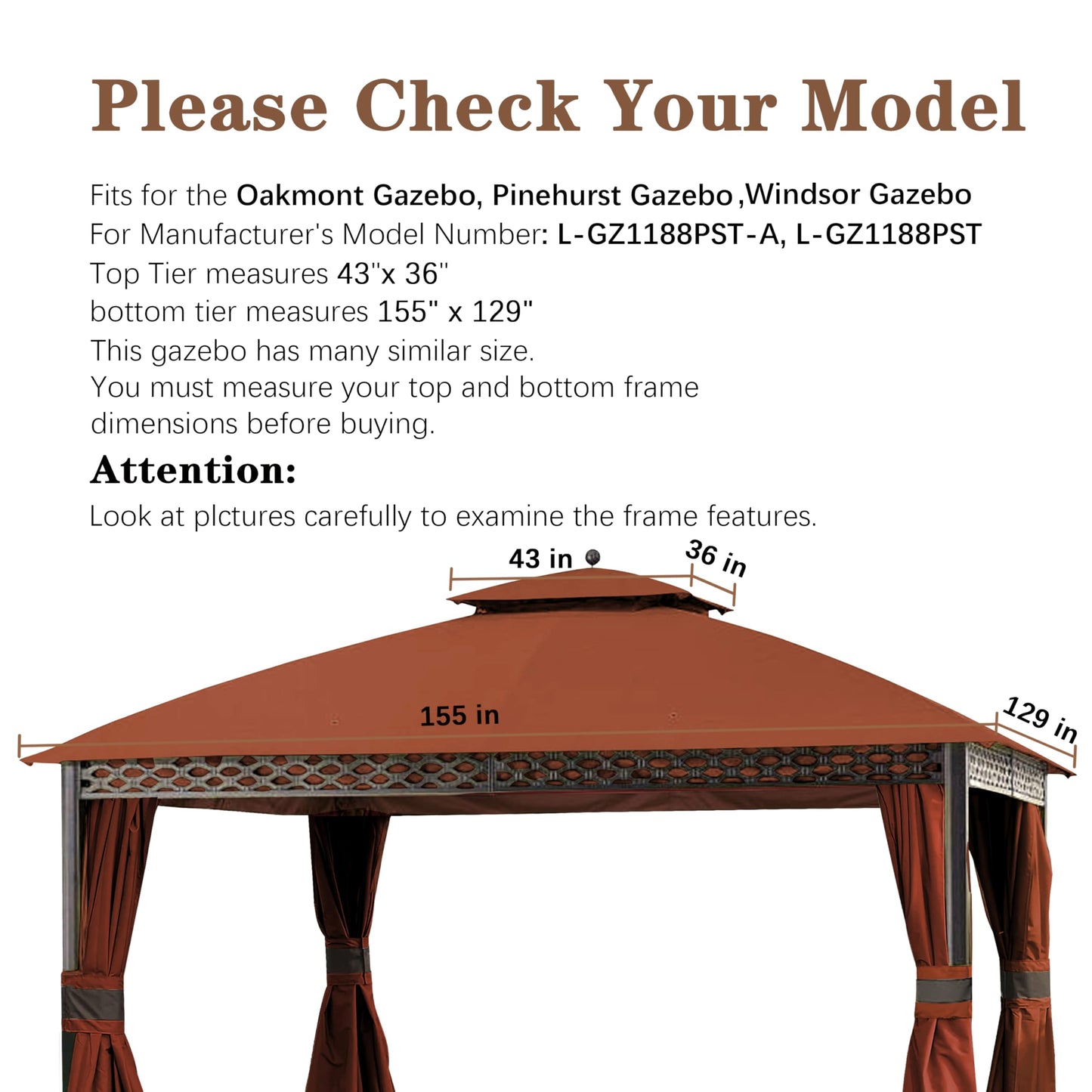 SCOCANOPY Replacement Top for 10X12Ft Oakmont Gazebo L-GZ1188PST-A,Pinehurst L-GZ1188PST,South Hampton Gazebo L-GZ659PST(Rust Red)