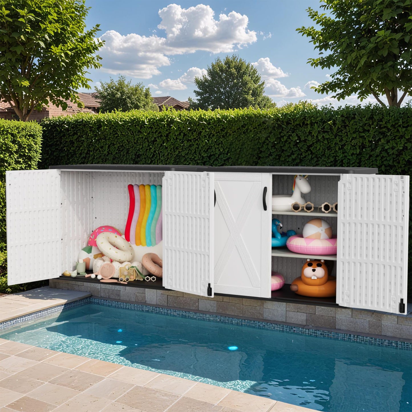 Greesum Outdoor Storage Cabinet, 25 CUFT Deck Box Without Shelves, Waterproof Plastic Storage Shed for Patio Cushions, Gardening Tools, Lockable and Sidehandles, UV Resistant, White