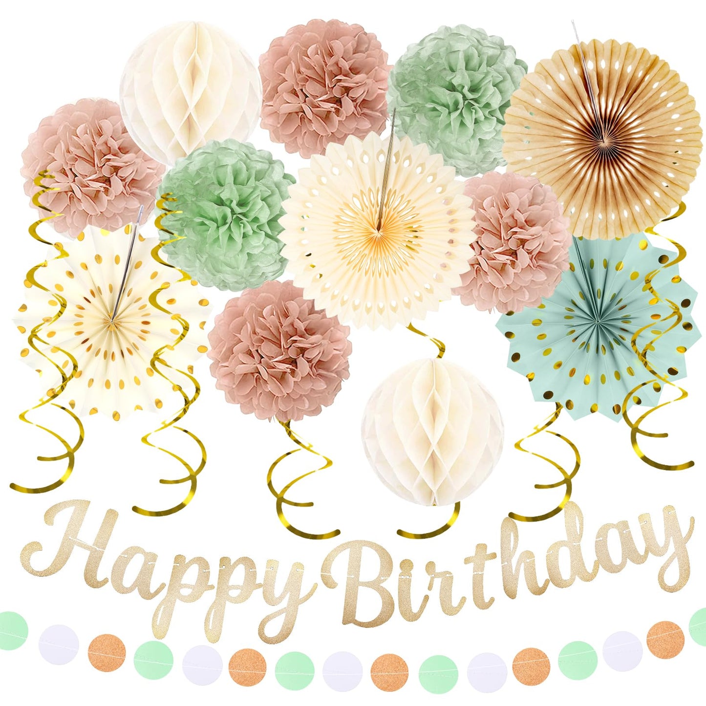 Birthday Decorations for Women, Sage Green Blush Pink Beige Party Decorations - 20pcs Cream Light Dusty Pink Paper Pompoms Fan,Streamers,Lanterns,Happy Birthday Banner,Rustic Backdrop Decor