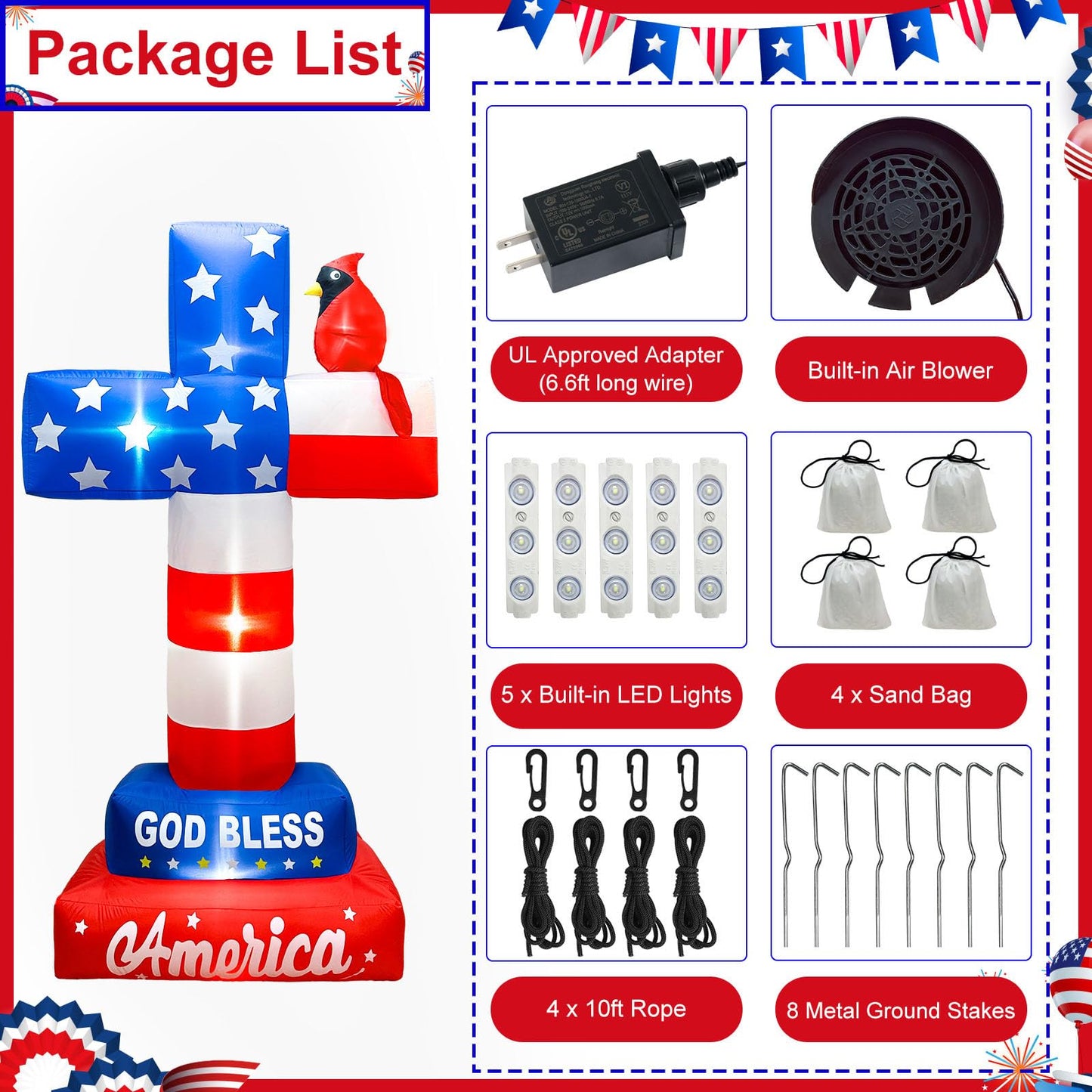 OurWarm 8FT 4th of July Inflatables, Memorial Day Inflatables Outdoor Decorations Blow Up Cross with Cardinal American Flag Built-in LEDs & Blower, Patriotic Inflatable for Lawn Independence Day Decor