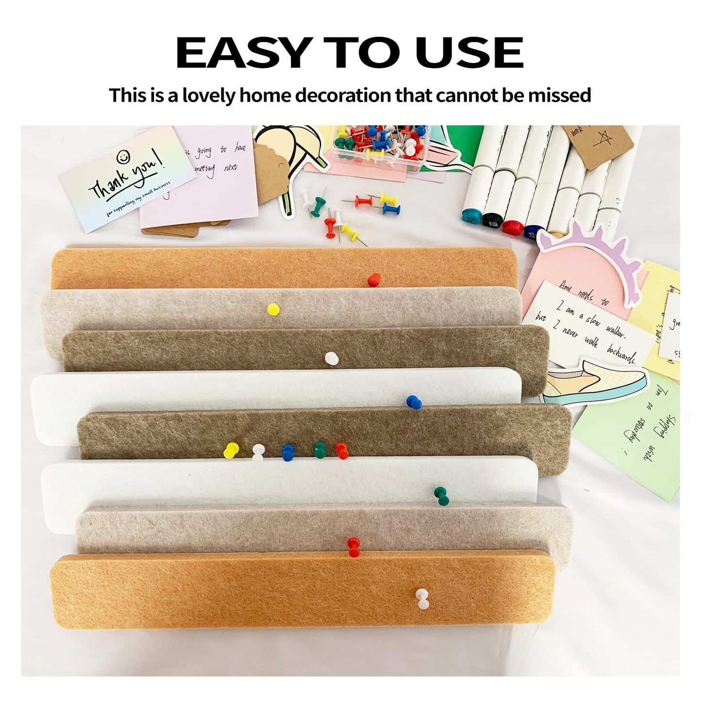 8 Packs Felt Pin Board Bar Strips Bulletin Board，Notice Board Self Adhesive Cork Board with 35 Push Pins，for Office Home Classroom Wall Decoration Paste Notes, Photos，Schedules