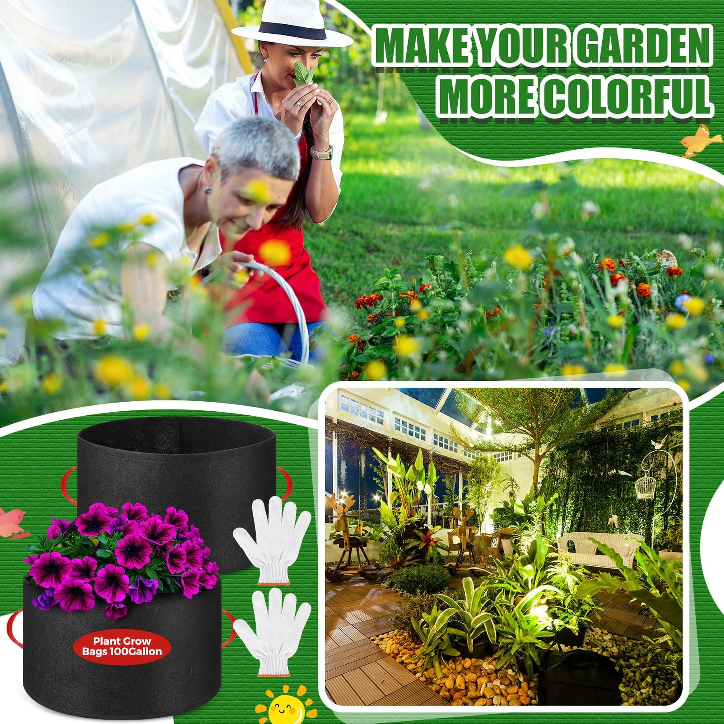 Nuenen 8 Pack 100 Gallon Plant Grow Bags Bulk Breathable Nonwoven Fabric Pot with Handles Heavy Duty Nursery Vegetable Pots with Gloves for Garden Vegetables Potato Plants Flower Growing Planting