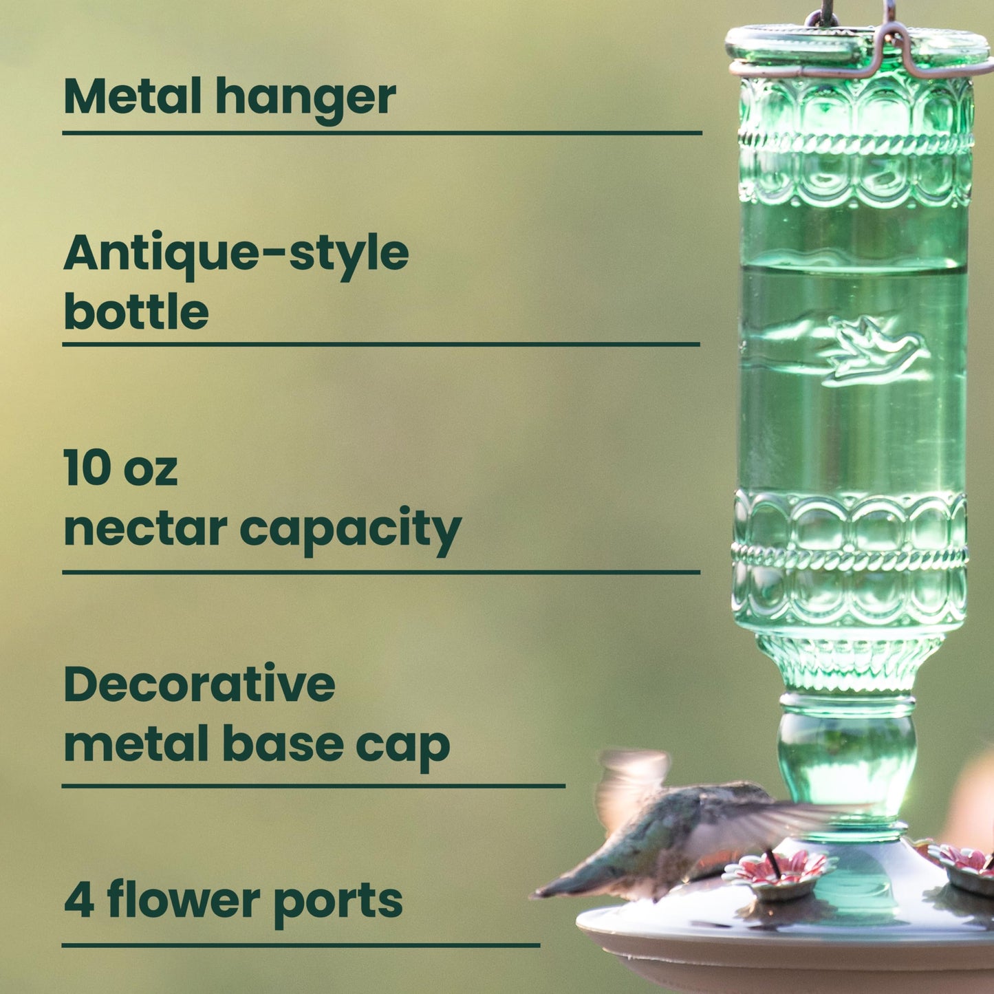 Perky-Pet Glass Bottle Hummingbird Feeder - Outdoor Garden Décor Humming bird Feeder, 8108-1SR - 10 Fl Oz Nectar Capacity - Durable Green Antique Design - Hang from Tree, Porch, Deck, Hook
