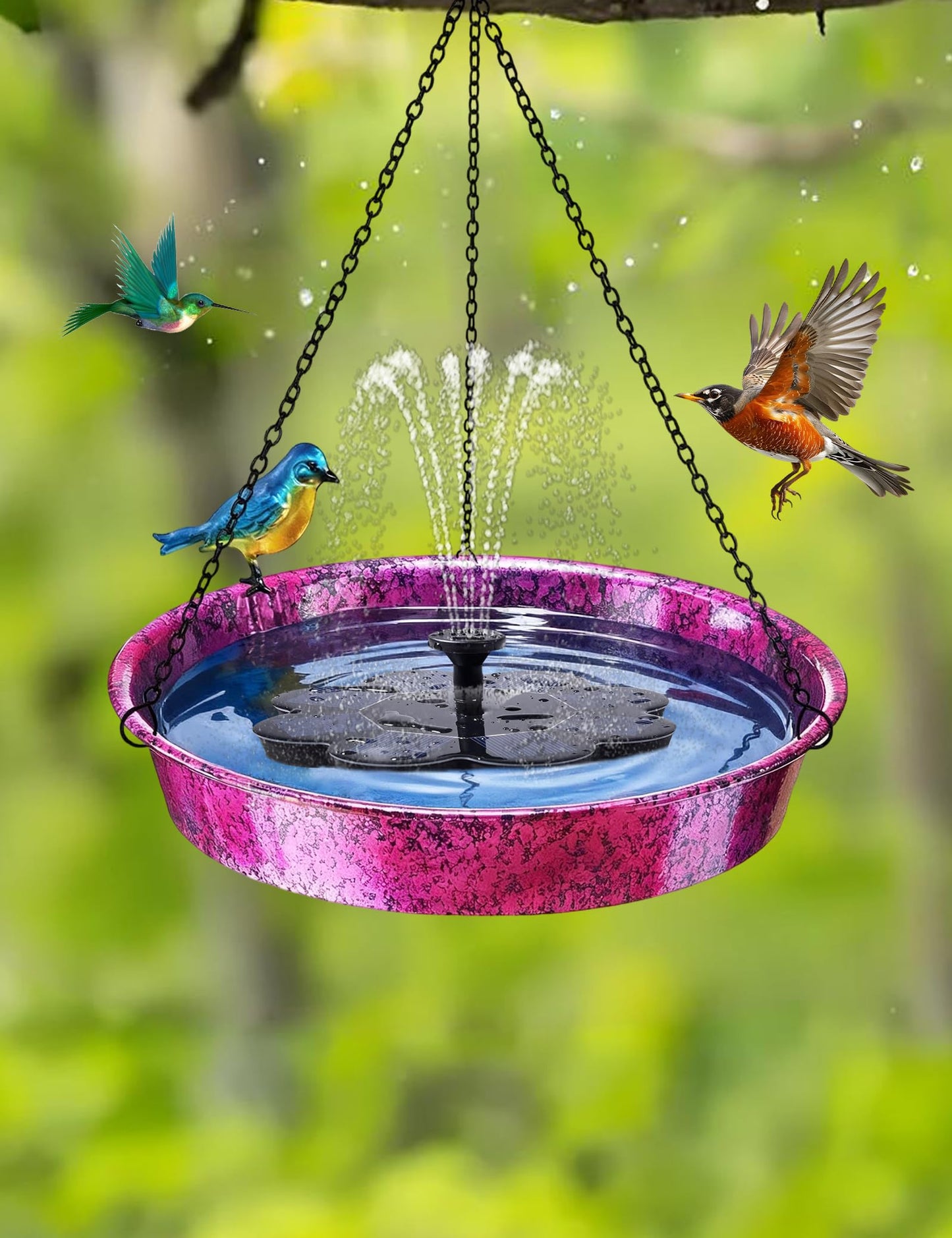 Hanging Bird Bath for Outside, 11.5” Metallic Purple & Blue Metal Birdbath Bowl & Feeder with Black Chain Outdoor Garden Yard Decor
