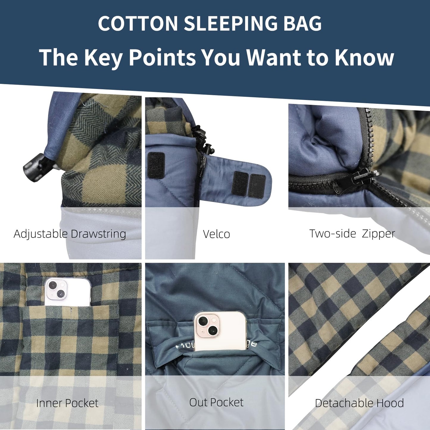 Mountainlodge 100% Cotton Shell and Lining Sleeping Bag for Adult Cold Weather with Compression Bag&Carry Bag for Camping,Travel and Car Camping (Little Grid Dark Blue with Left Hand)
