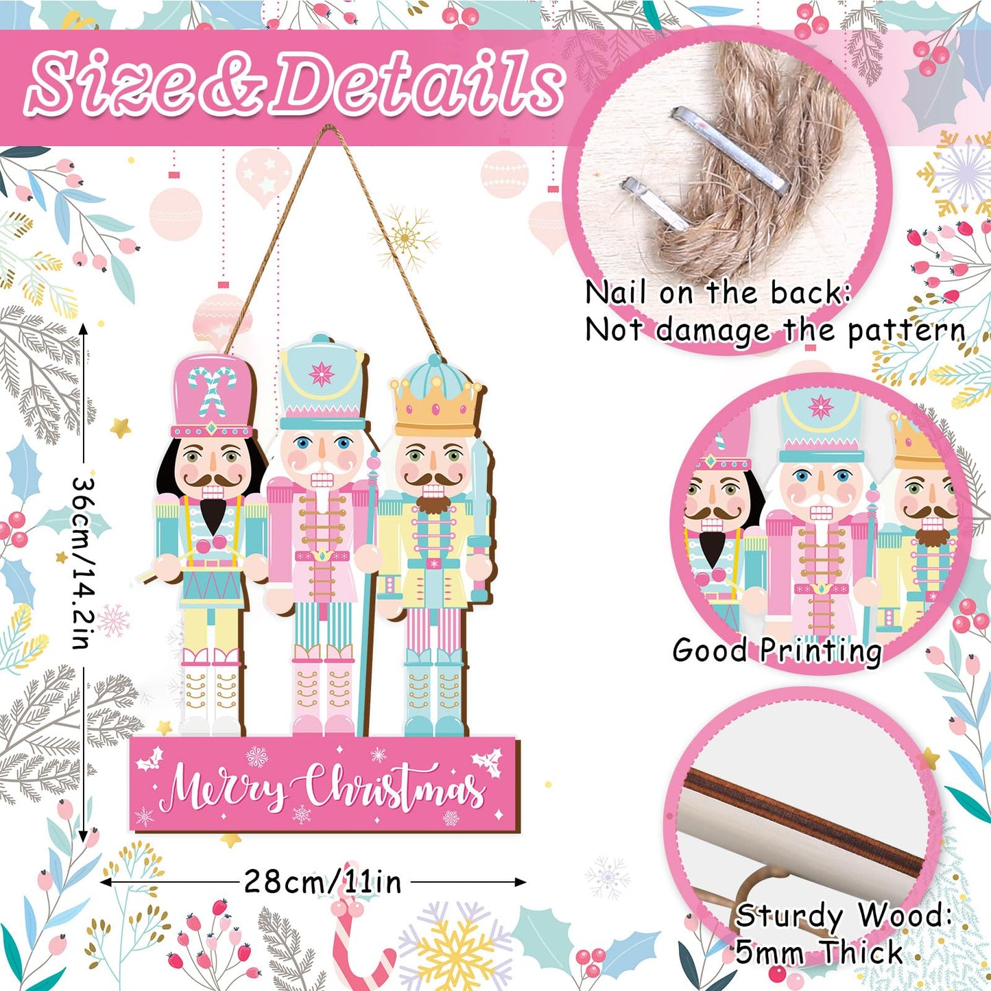 Whaline Christmas Wooden Hanging Sign Xmas Pink Blue Nutcracker Welcome Wood Sign Holiday Door Decor Signs for Indoor Outdoor Porch Wall
