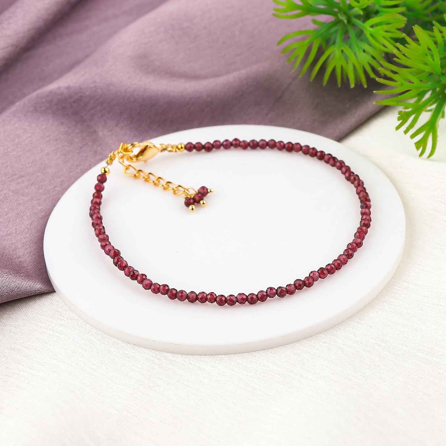 Natural Beaded Bracelet Birthstone Gemstone Jewelry, 2-2.5 mm Faceted Beads, Hypoallergenic 8 Inch Gold Plated Handmade Crystal Dainty Bracelets For Women (Red Garnet)