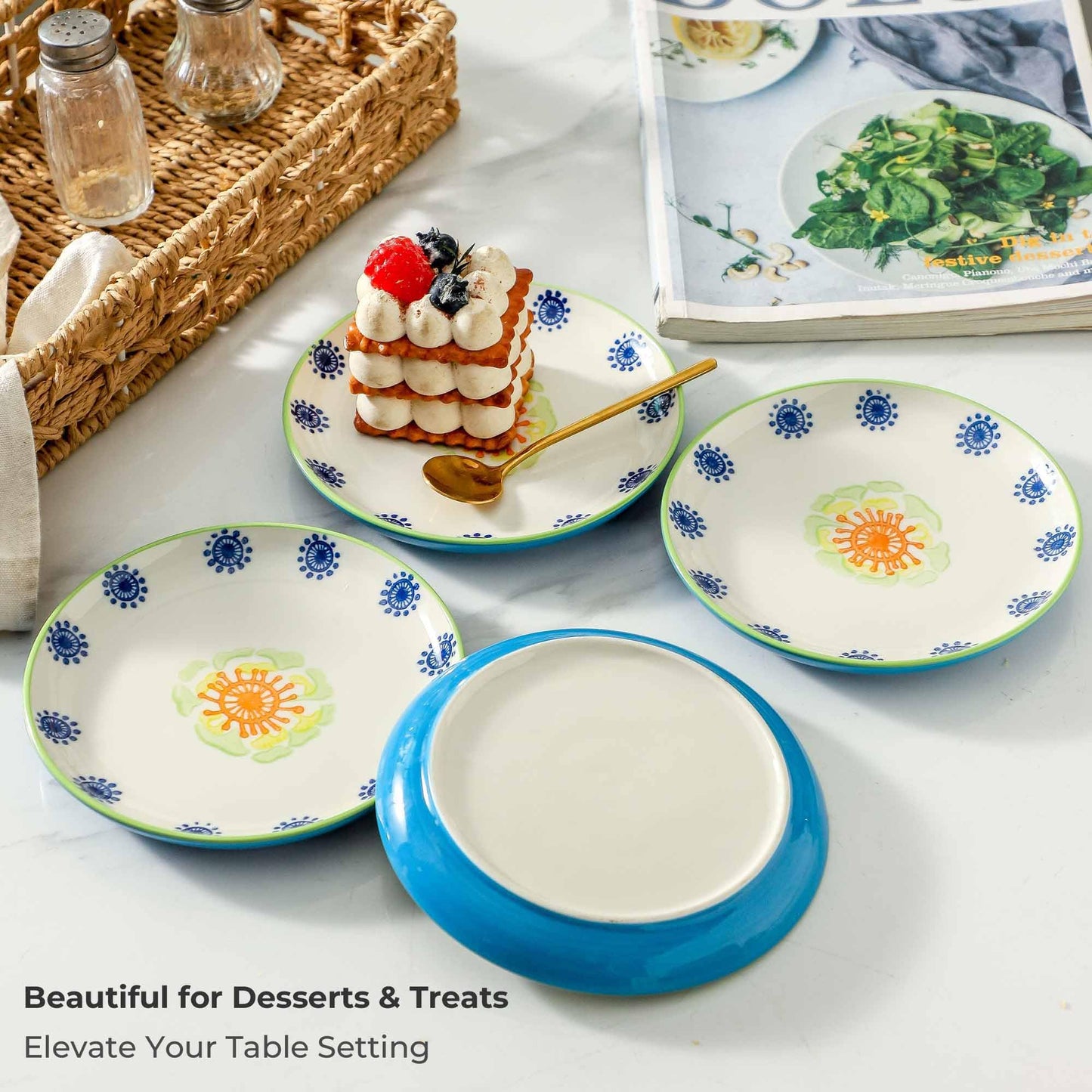 UniqueLife Hand-Painted 6 Inch Dessert Plates Set of 6, Ceramic Appetizer Snack Salad Plates, Microwave Dishwasher Oven Safe Small Plates for Cake Bread Fruit, Gift-Ready - Ocean Blue