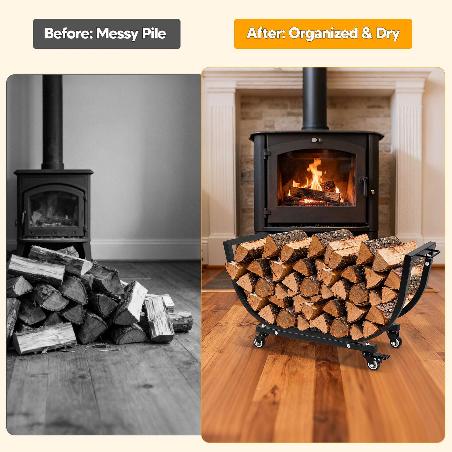 Primachen Firewood Rack Outdoor and Indoor with Wheels & Kindling Wood Hooks, Firewood Storage, Fireplace Wood Storage Rack Movable, Waterproof Stable Log Holder for Fireplace Patio Organizer