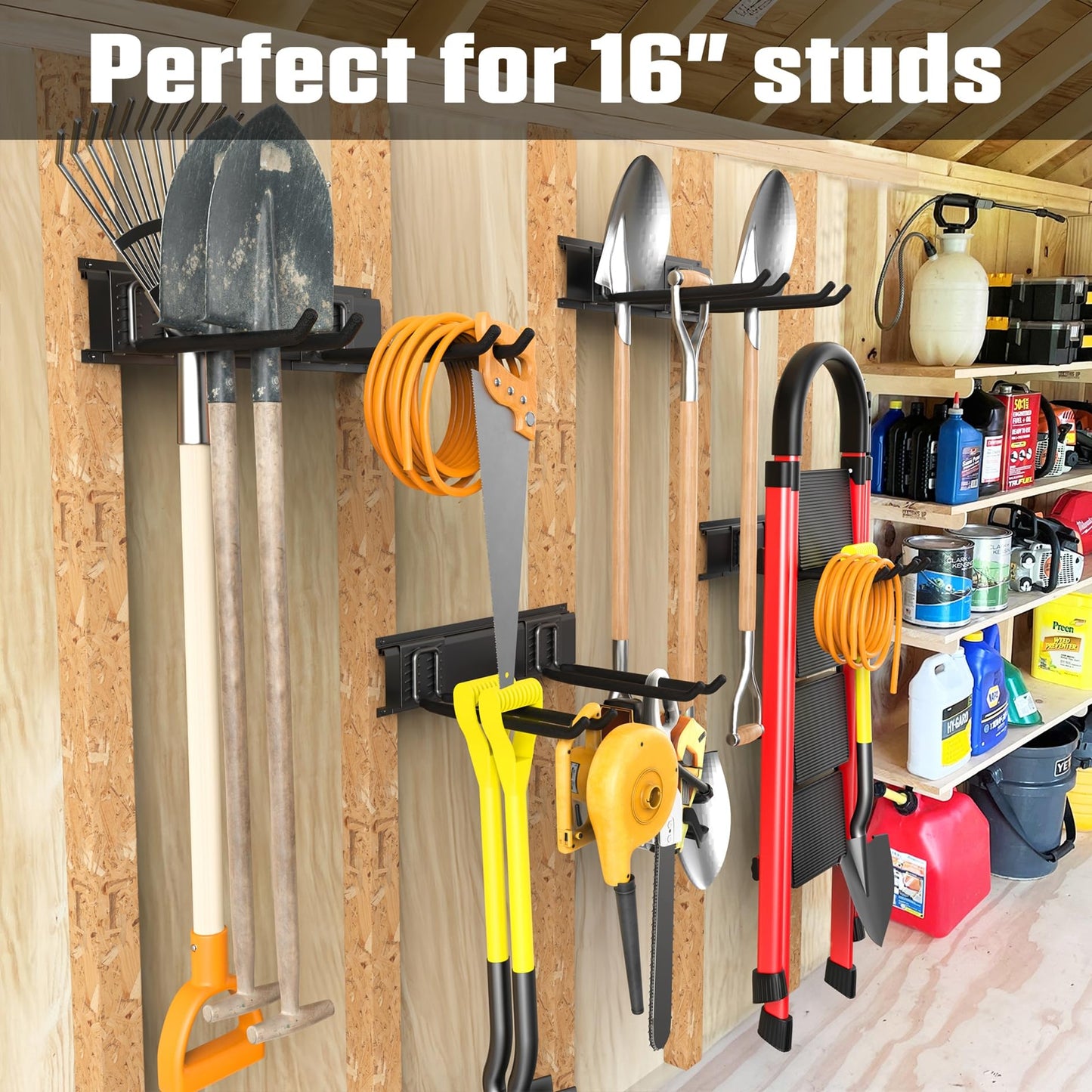 WALMANN Wall Mounted Garden Tool Organizer for Garage, Heavy Duty Folding Chair Storage Rack, 11-Inch Tools Storage Hooks for Shovels, Rakes, Ladders, Hold Up to 400 lbs(Tool Rack)
