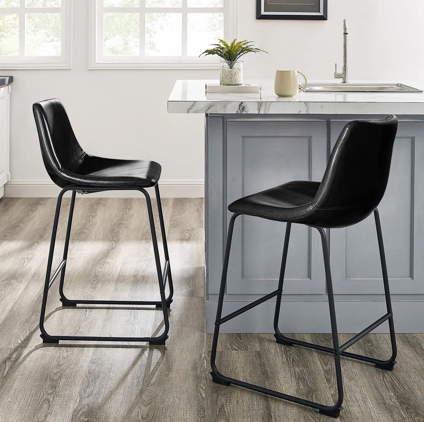 LEMBERI 26 inch Bar Stools Set of 2, Modern Counter Height Bar Stools, Faux Leather Barstool with Back and Metal Leg, Armless Bar Chairs for Kitchen Island (Black, 2pcs 26")