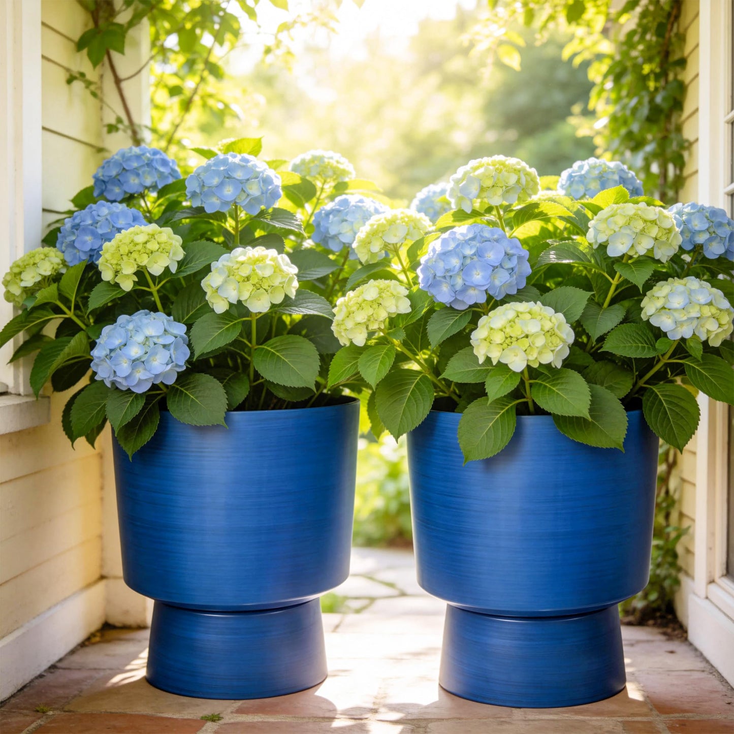 Ultym 16.8" 2-Pack Urn Planters for Outdoor Indoor Plants, Modern 2-in-1 Large Flower Pots with Detachable Base, Drainage Holes, Weather-Resistant for Garden Patio Home Office Decor, Brushed Blue