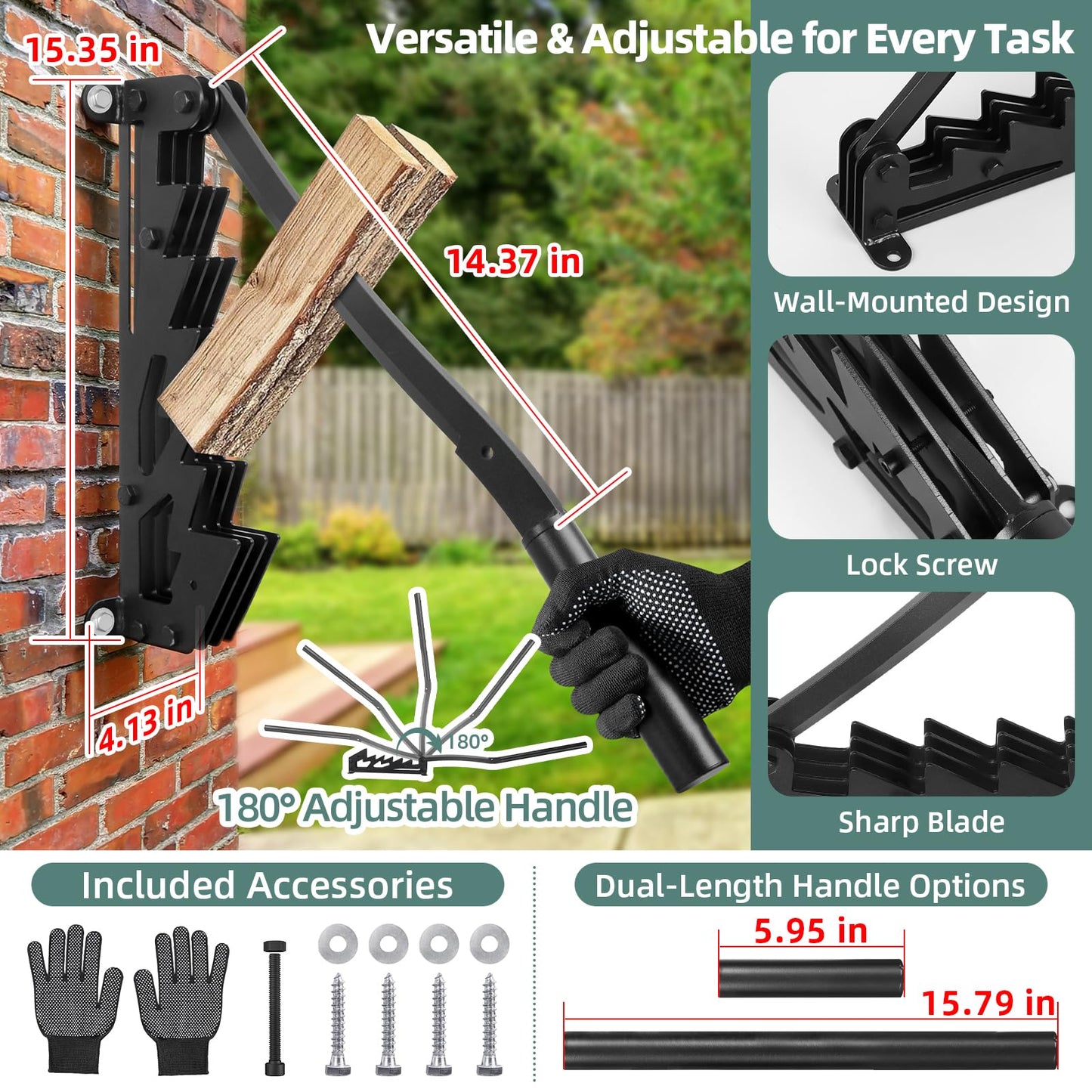 XCZNAGS Wall Mounted Wood Splitter: Dual-Handle Manual Kindling Splitter with 6-Tooth Clamping, Heavy Duty Steel Log Splitter for Soft Firewood, Includes Gloves and Screws for Indoor and Outdoor Use