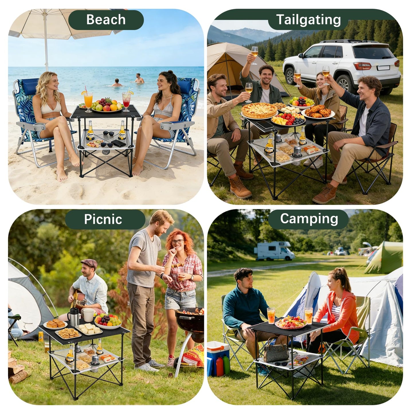 SUNNYFEEL Folding Camping Table- Collapsible Portable Beach Table with 4 Cup Holders & Carry Bags, Tailgate Table for Outdoor Excursion Picnic Hiking Fishing Travel Parties, Black