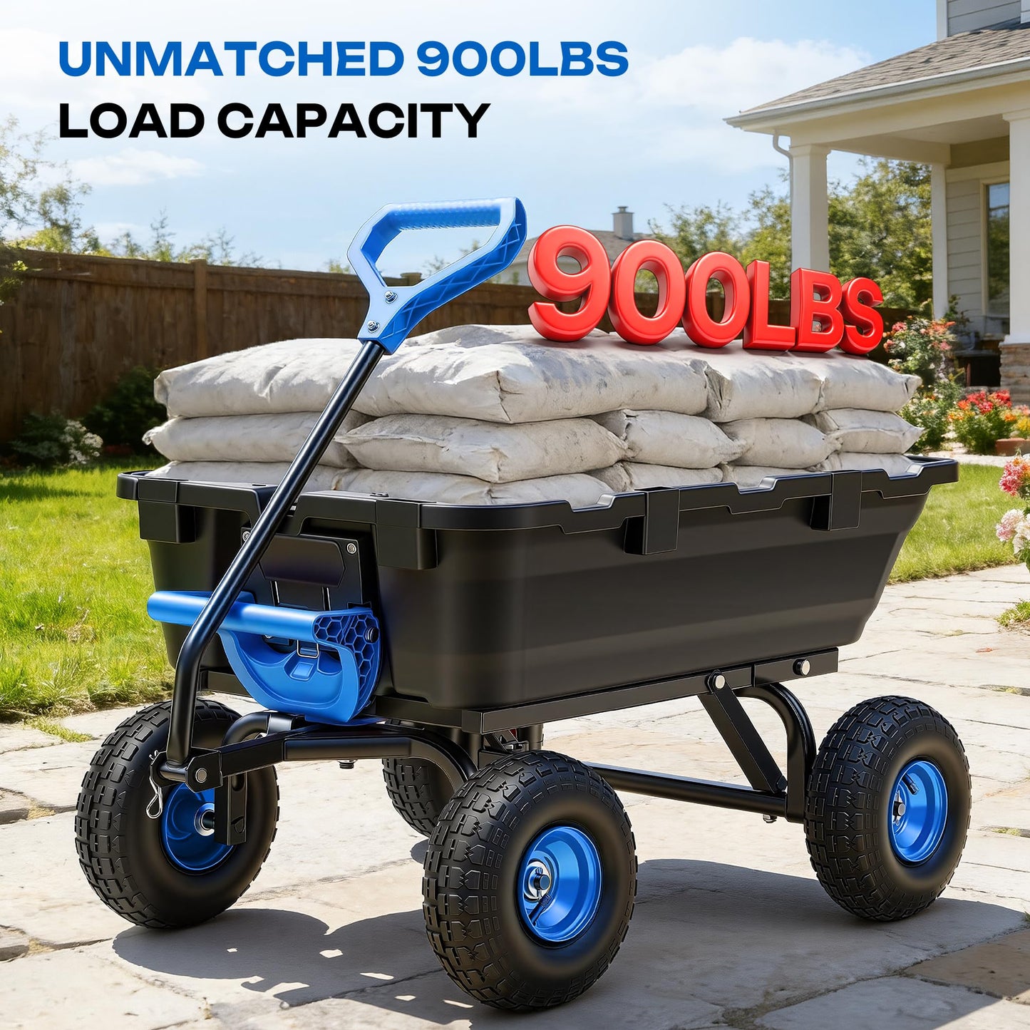 Autodaya 900LB Garden Dump Cart, 2026 Upgraded Heavy Duty Wheelbarrow Cart with 10" Non-Slip Pneumatic Tires & Quick-Release System, 4-Wheel Steel Frame Wagon for Transportation in Yard, Farm, Garden