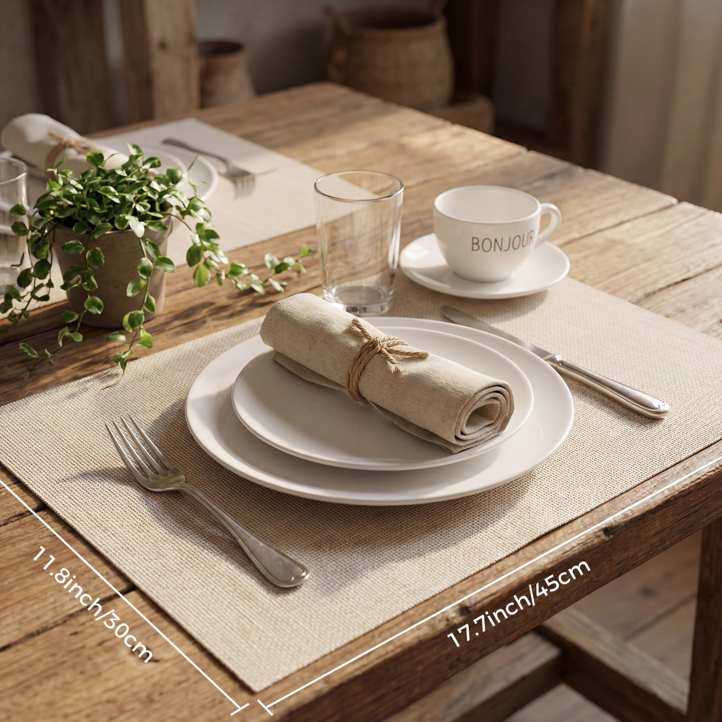 Durable Vinyl Placemats Set of 4, Non-Slip for Dining Table Mat, Heat Resistant Place Mats, Washable Anti-Slip PVC Easy to Clean Wipeable Premium Plastic Mats for Kitchen Beige