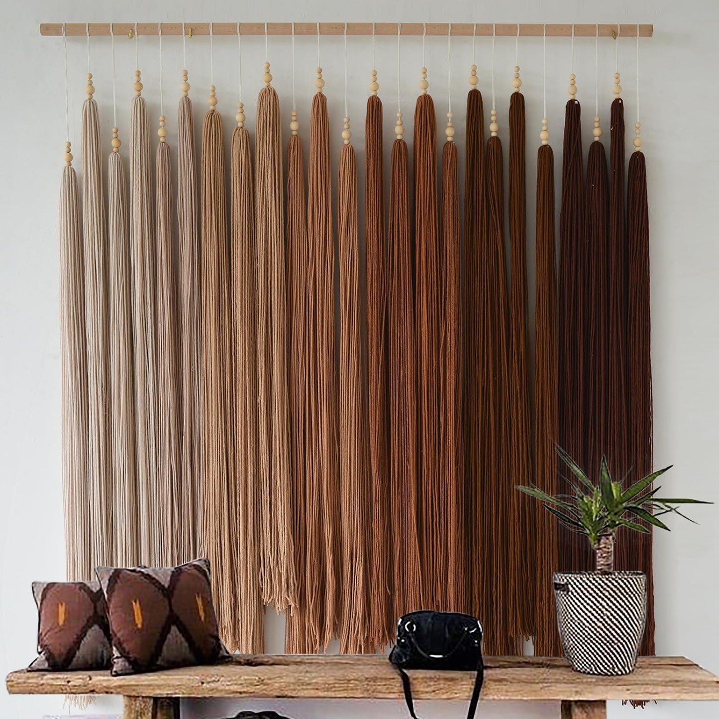 IOWER Macrame Wall Hanging Yarn Fiber Wall Art Beaded Tassel Home Decor for Bedroom Living Room 39" W x 45" L
