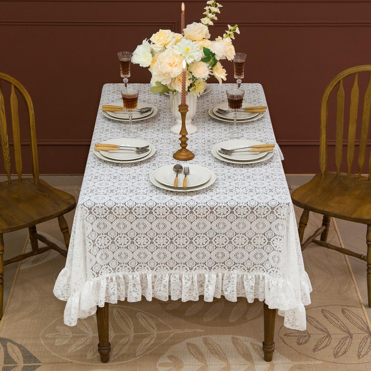 GLORY SEASON Lace Tablecloth with Flower and Leaf Pattern Fabric Ivory White Rectangle/Oblong Table Cloth Cover for Wedding Buffet Banquet Parties Holiday Farmhouse Kitchen Dining Decor 52x70 Inch
