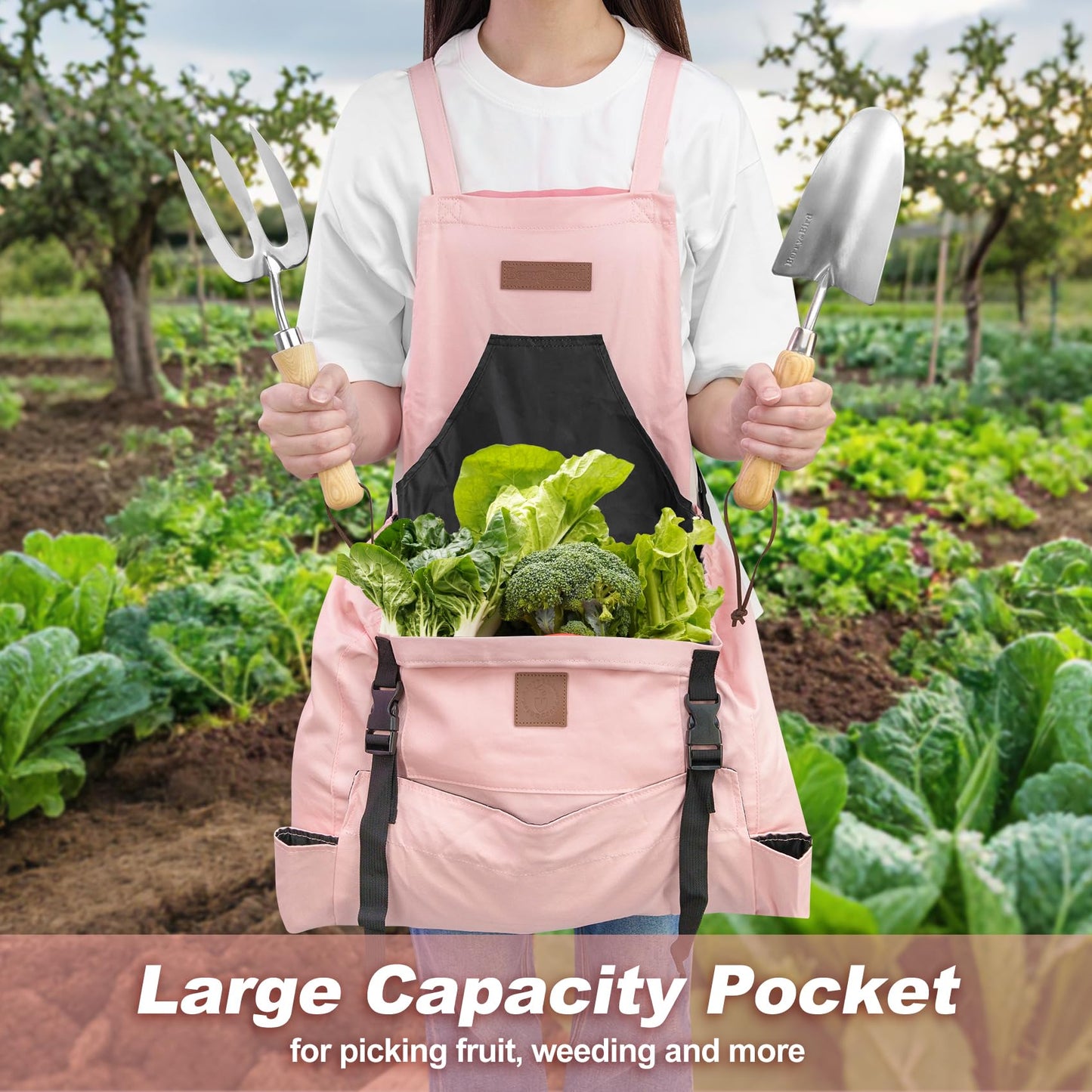 Berry&Bird Harvest Apron, Canvas Gardening Apron with Pockets and Harvesting Pouch Waterproof Harvesting Apron (Pink)