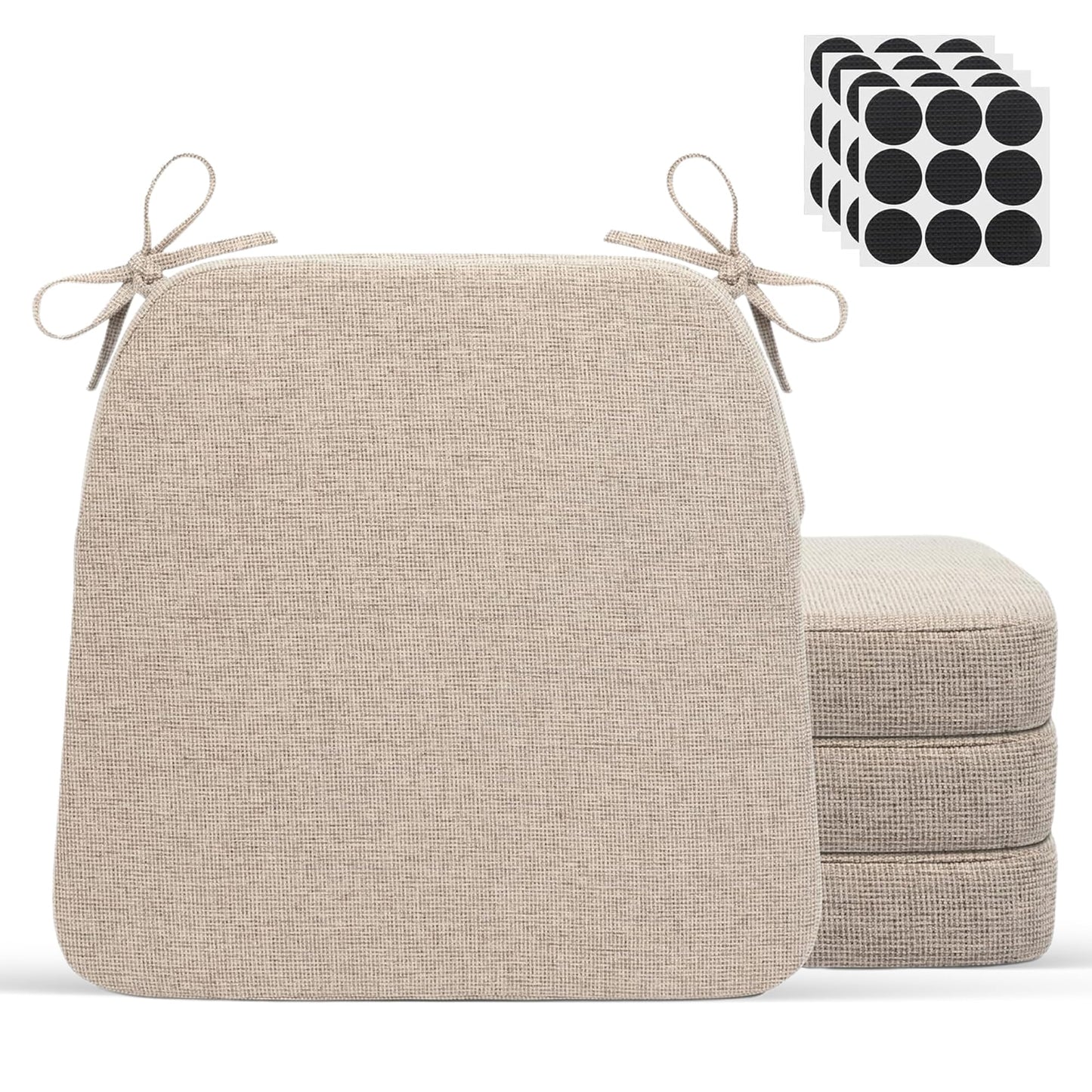 KVENLAND CO Chair Cushions for Dining Chairs - 17" x 16" x 2" D-Shaped Indoor Seat Cushions - Non Slip Chair Pads with Removable Ties and Washable Cover Set of 4 - Chair Leg Pads Included - Beige