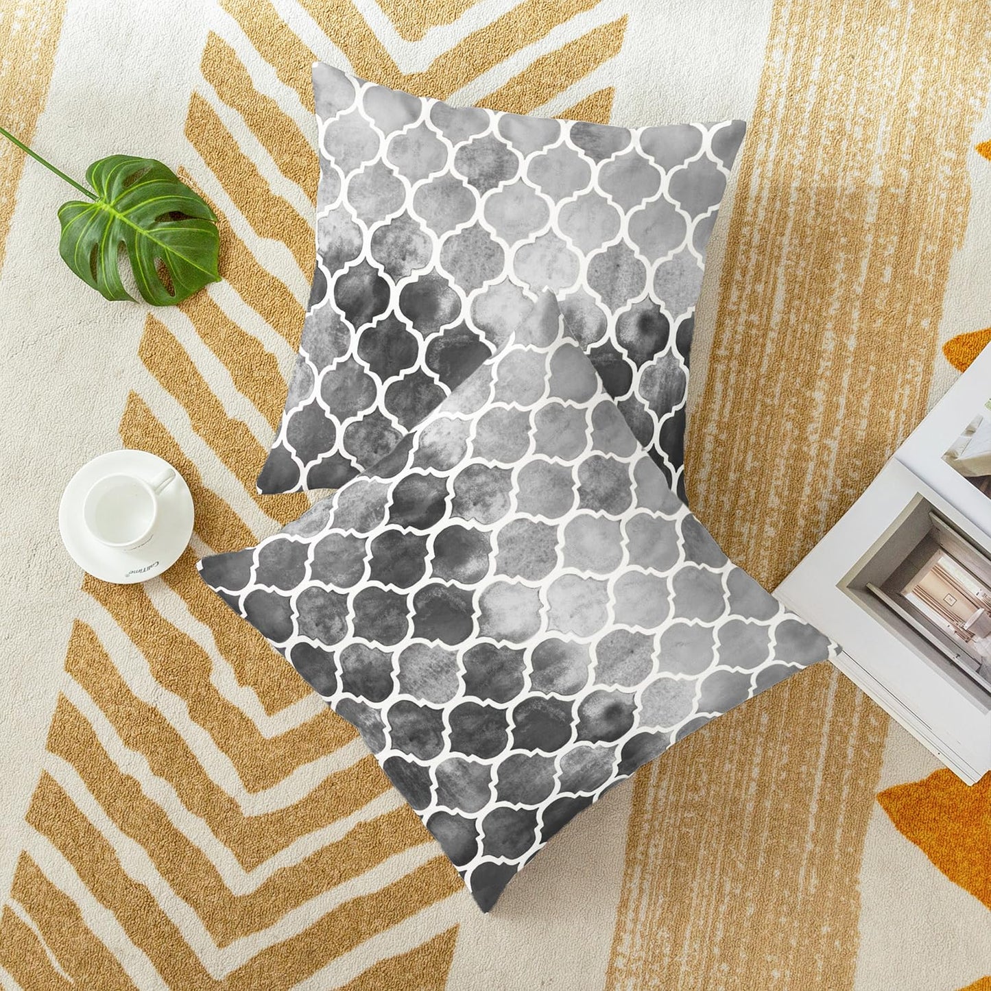 CaliTime Cushion Cover Pack of 2 Cosy Cushion Covers for Couch Bed Sofa Hand Painted Colourful Geometric Grid Chain Print 45 cm x 45 cm Main Grey Carbon