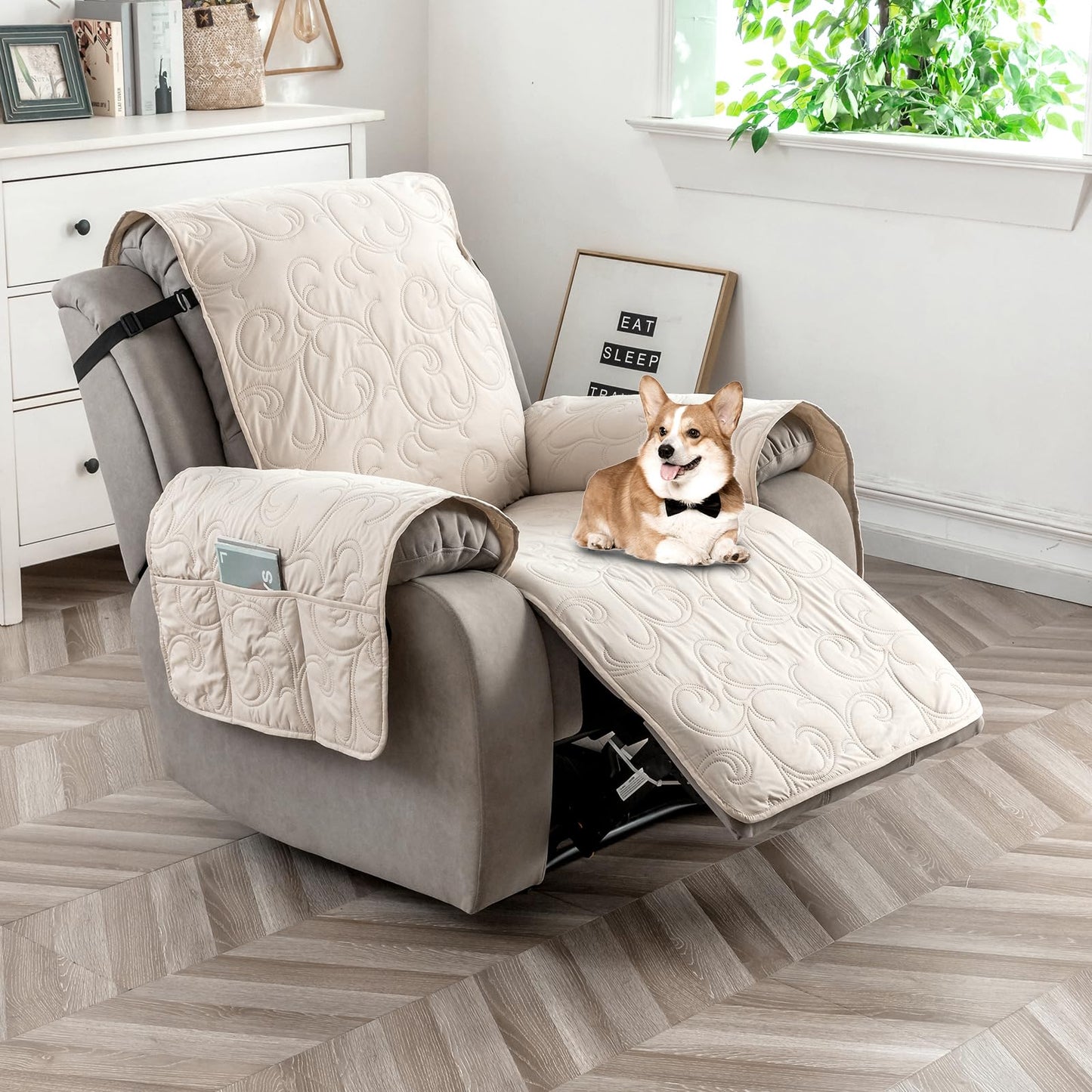 100% Waterproof Recliner Chair Cover, Recliner Chair Covers for Reclining Chair, Non-Slip Fabric Recliner Couch Cover for Living Room, for Pets Kids Protector, Washable (Beige, 23.6"Recliner Chair)