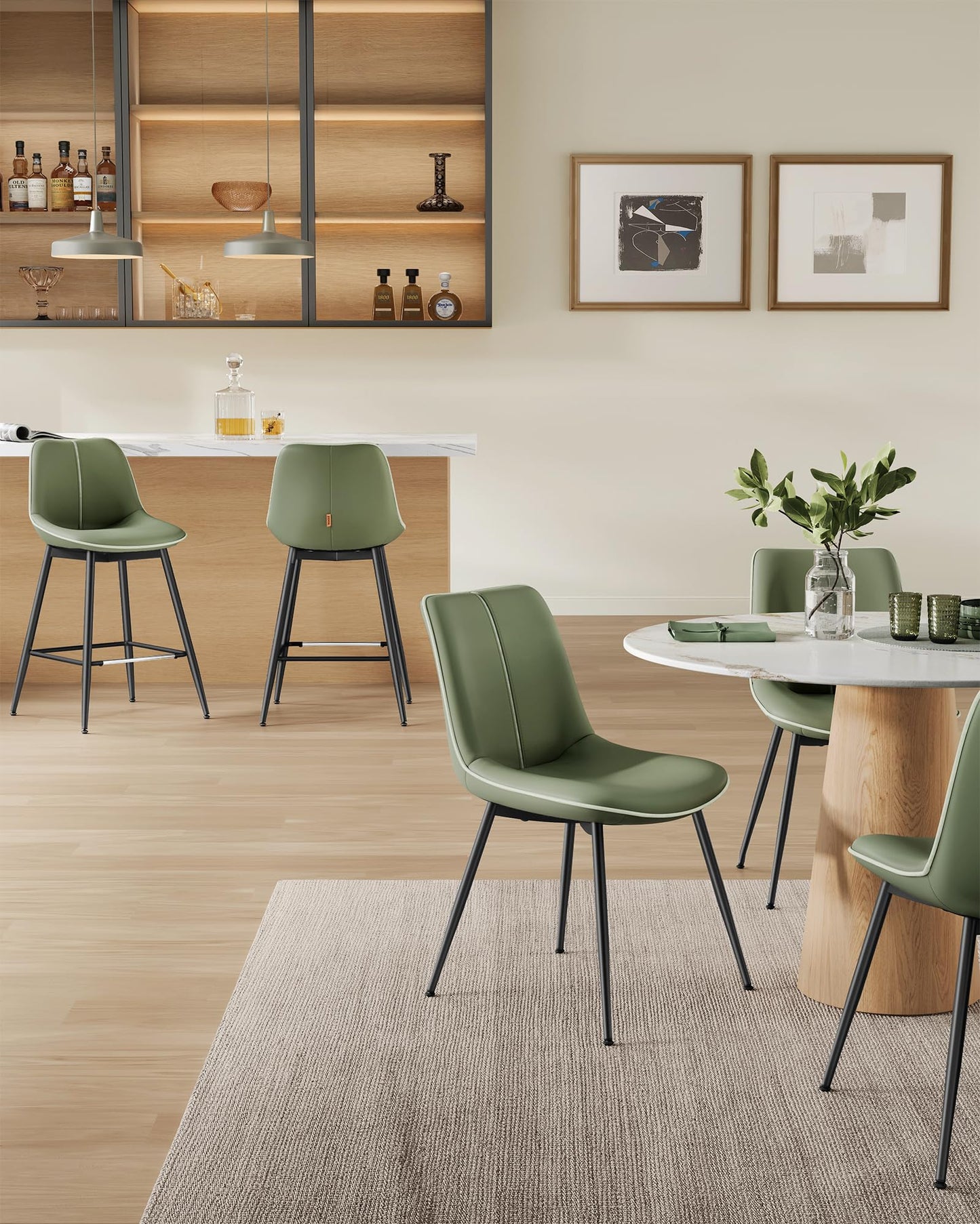 VASAGLE Bar Stools Set of 2, Counter Height Bar Stools with Back, Ergonomic Backrest, Synthetic Leather, Metal Legs, 24.8-Inch Tall Barstools for Kitchen Island Home Bar, Easy Assembly, Forest Green