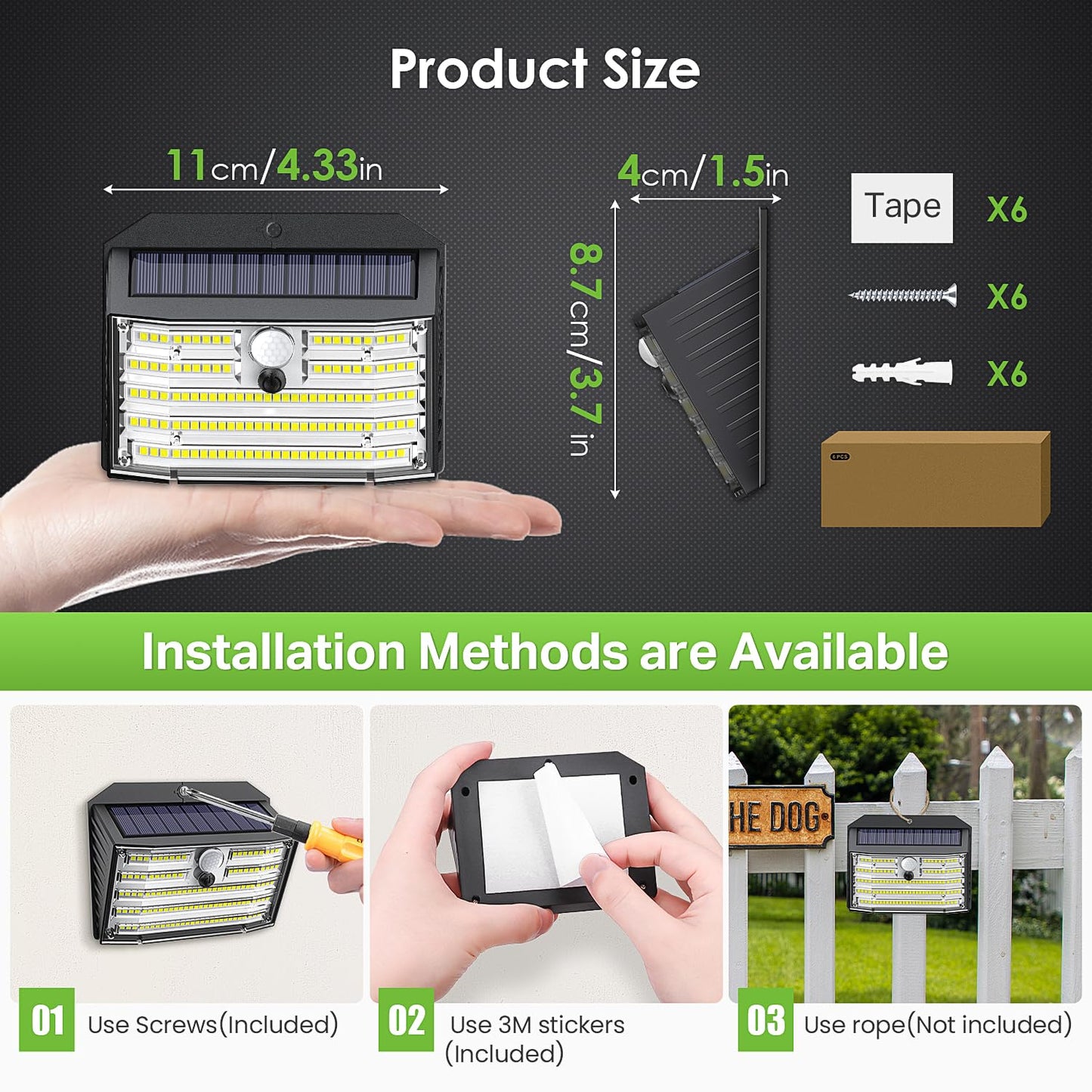 Solar Motion Lights Outdoor, Ultra Bright Solar Fence Lights with Motion Sensor, IP65 Waterproof Security Light 3 Modes, 270° Lighting Angle, Wall Lights for Deck Patio Fence Garage Door (6 Packs)
