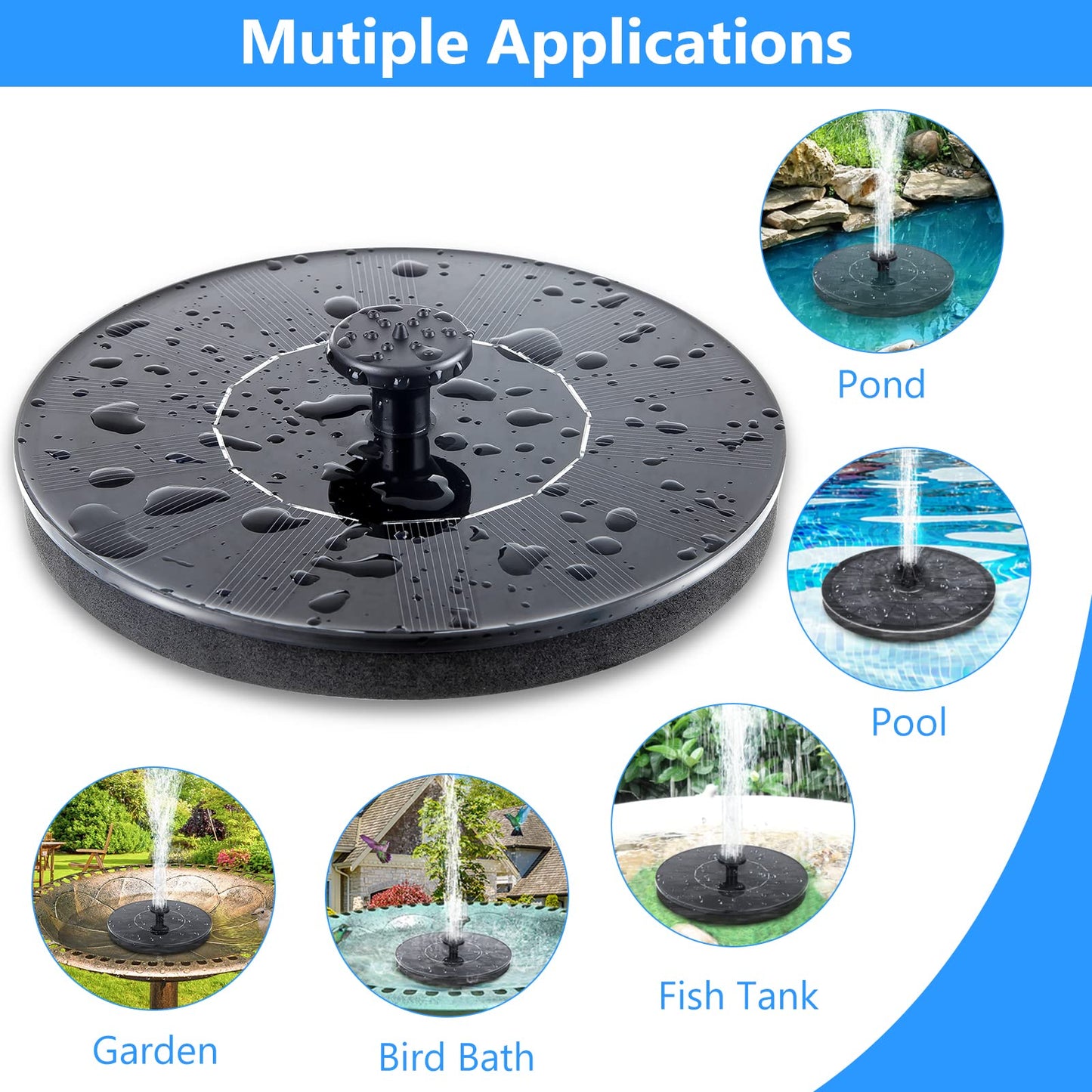 Mademax Solar Bird Bath Fountains, Upgrade 1.4W Solar Fountain Pump with 6 Nozzles, Free Standing Floating Solar Powered Water Fountain Pump for Bird Bath, Garden, Pond, Pool, Outdoor