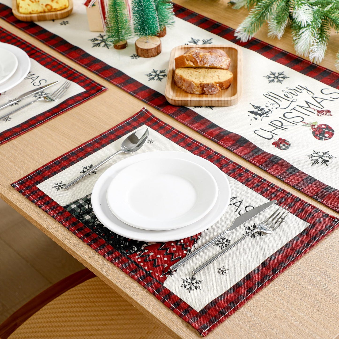 Patelai 7 Pcs Christmas Table Runner and Placemats Set Merry Christmas Buffalo Plaid Table Runner Xmas Placemats Red Black for Holiday Kitchen Dining Room Decor Party Wedding Decoration
