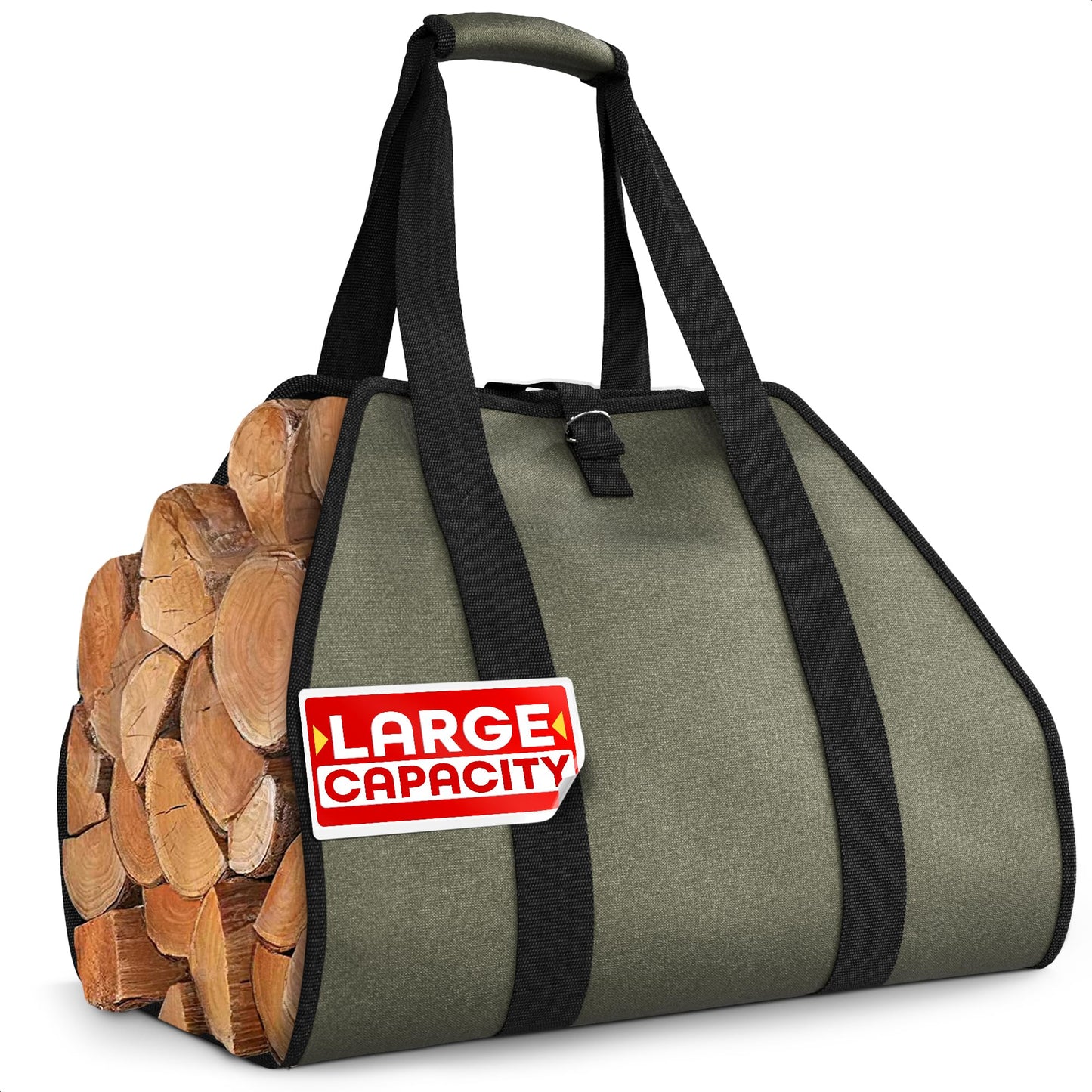 Firewood Carrier Bag 39.4"×18.5" – Waxed Canvas Wood Carrier for Firewood with Reinforced Handles, Hook-and-Loop Grip & Center Strap, Water-Resistant Design with Dust-Blocking Liner | Good for Gifting