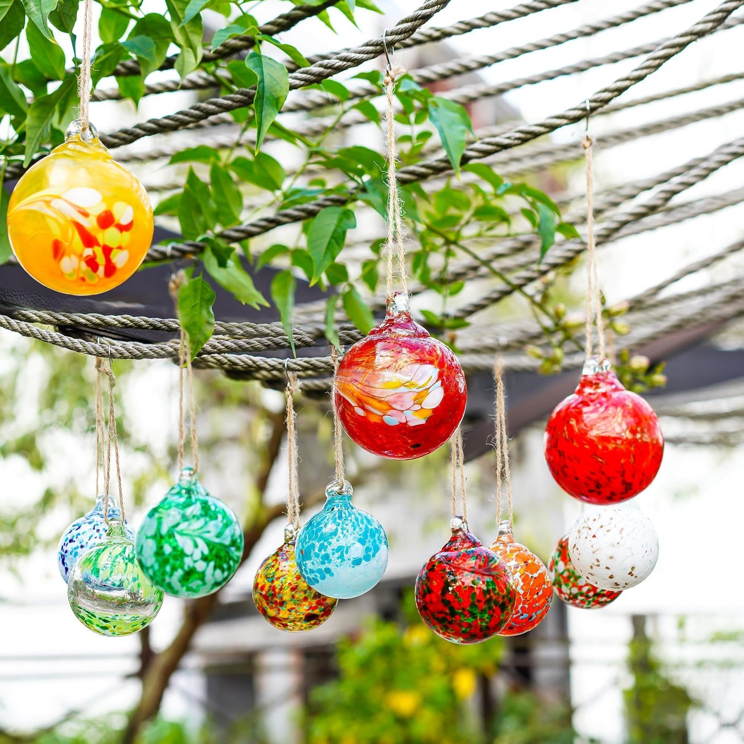 Set of 12 Hand Blown Glass Ball Ornaments Decorative Hanging Ornaments Glass Gazing Balls Witches Balls Decor for Outdoor Patio Garden Window