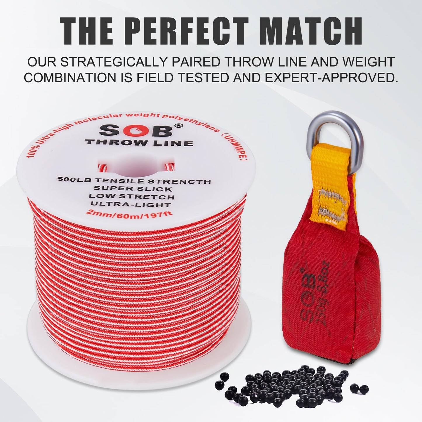 SOB Arborist Throw Line Kit with Slick Rope 197FT, Throw Weight, Reflective Storage Bag, Suit for Tree Cutting,Camping, Trimming, Hanging Swing ﻿ (197FT Rope with 8.8Oz Throw Bag)