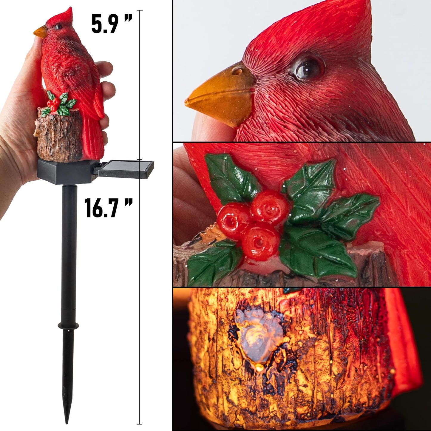 Dazzle Bright 2 Pack 22.5 in Cardinal Bird Solar Lights, Red Bird Solar Powered Lights Cardinal Garden Stake Light for Christmas Pathway Garden Lawn Yard Gifts Decoration