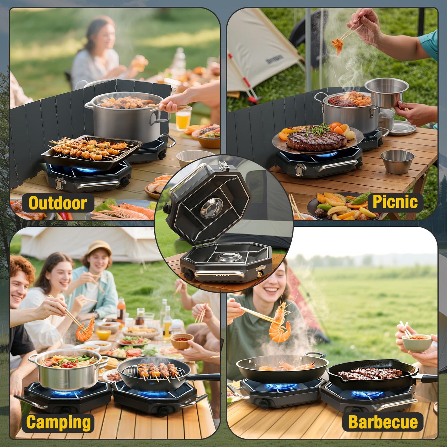 Camping Stove Propane, 2 Burner Camp Stove, 20,000 BTU Propane Camping Stoves, Portable Gas Stove with Windscreen, Storage Bag, Regulator for Picnic, BBQ, Tailgating