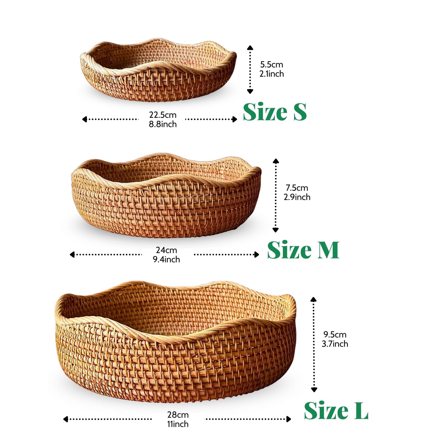 PYNAMIS 3 Pack Natural Rattan Round Wave Bread Basket, Fruit Bowl, Bread Basket Small Wicker Basket, Handmade Rattan Kitchen Decor, Fruit Storage, Basket Organizing, Set of 3 Size