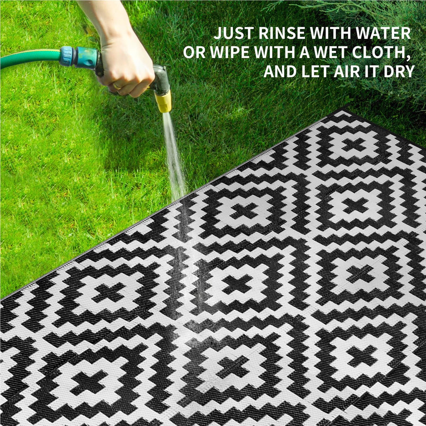 Outdoor Patio Plastic Straw Rug - 4x6 ft Outdoor Camping Rug Waterproof Reversible, Area Carpet Patios Clearance RV, Outside Porch Balcony Deck for Camper, Black & White