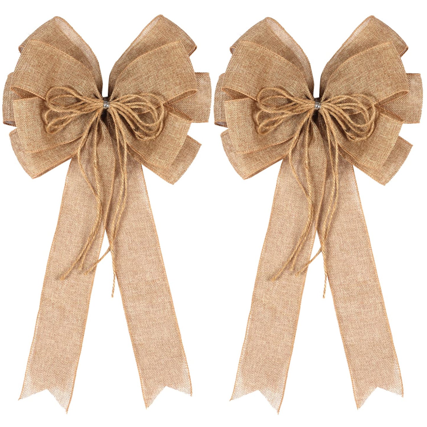 2 Pack Large Burlap Jute Hemp Rope Bows for Wreaths,Rustic Farmhouse Crafts Bow Wrapping Tree Topper Wedding Holiday Birthday Party Wall Home Boho Front Door Decorations