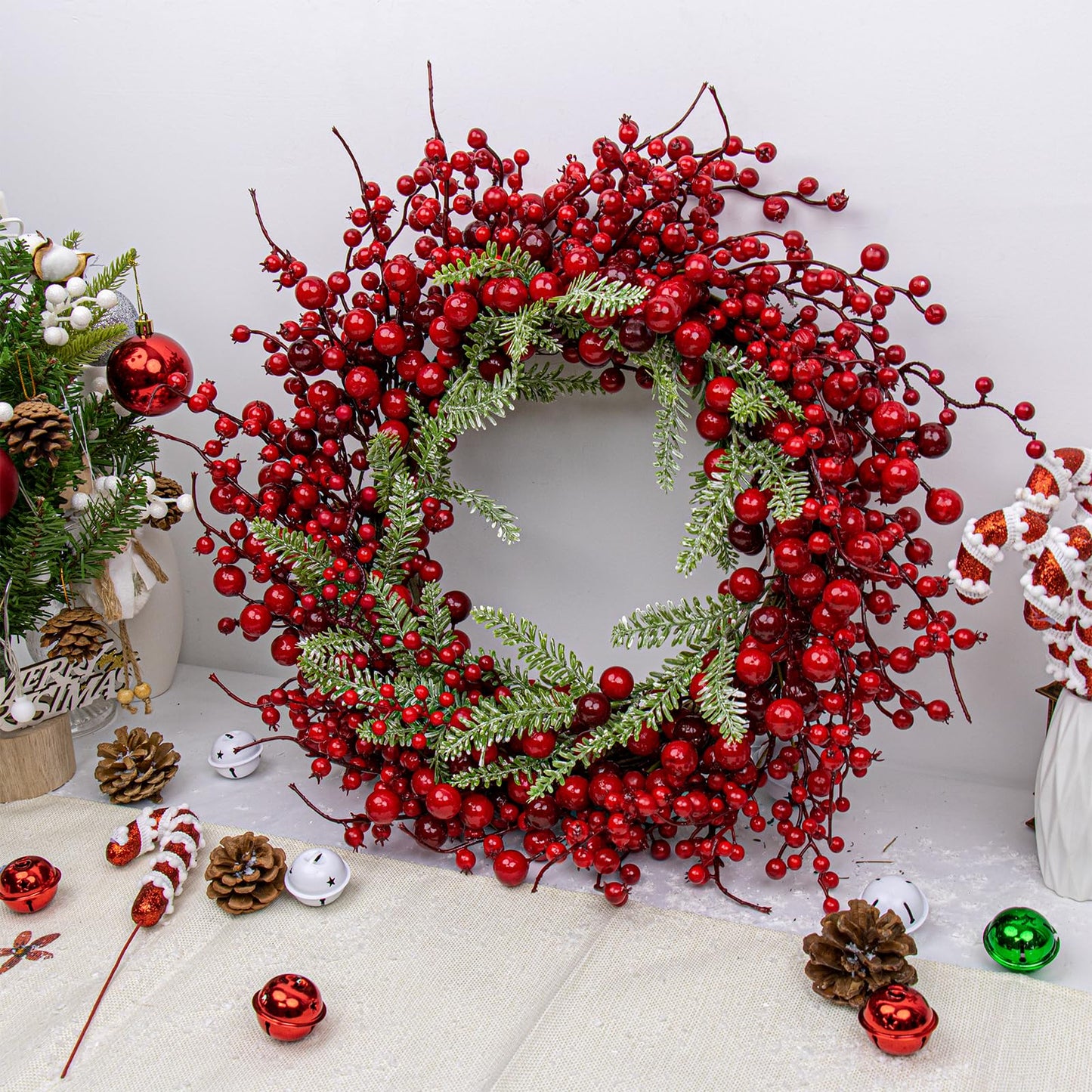 Yawwind 20 Inches Red Christmas Wreaths Farmhouse Christmas Wreaths for Front Door Classic Red Berry Wreath Winter Holiday Wreath with Fir Pine Needle for Doors Window Indoors Porches Outside