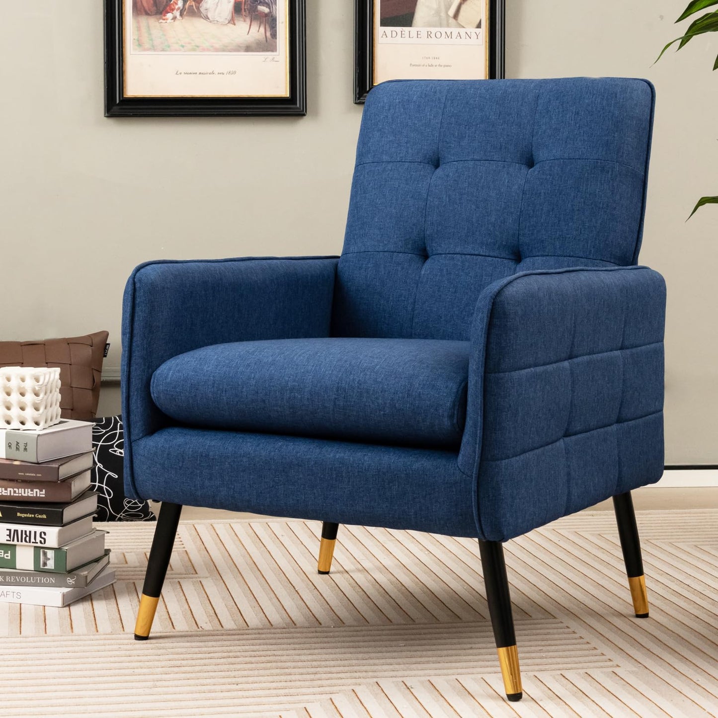Giantex Modern Mid-Century Accent Chair - Upholstered Armchair with Tufted Back, Metal Legs, Adjustable Foot Pads, Linen Fabric Single Sofa Chair for Reading, Living Room Chair for Bedroom, Blue