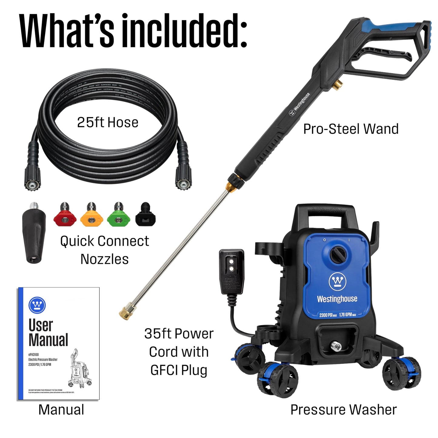 Westinghouse ePX3100 Electric Pressure Washer, 2300 Max PSI 1.76 Max GPM with Anti-Tipping Technology, Onboard Soap Tank, Pro-Style Steel Wand, 5-Nozzle Set, for Cars/Fences/Driveways/Home/Patios