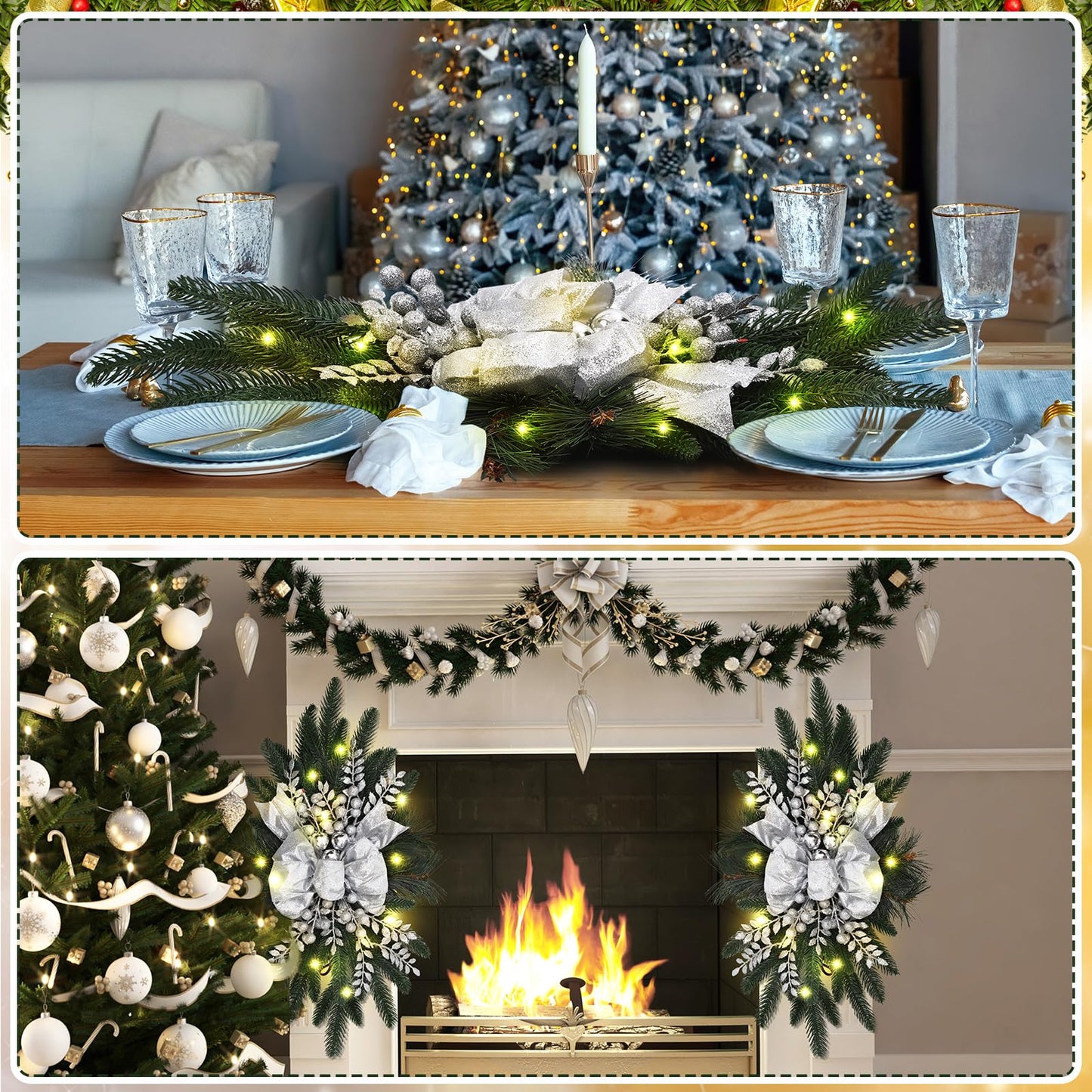 Hiboom 3 Pack Artificial Christmas Teardrop Swags 24" Xmas Cordless Prelit Stairway Swag Christmas Garland Stairs Rails Decoration with LED Lights for Indoor Outdoor(Silver,Classic Style)